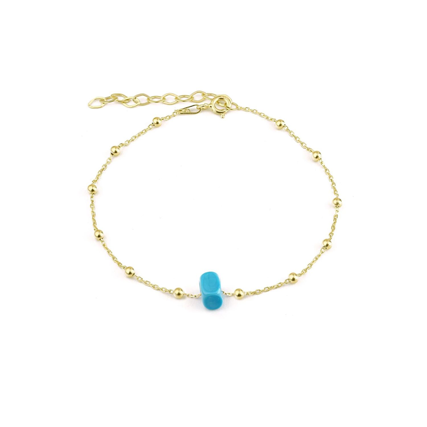 Sterling Silver Beaded Satellite Chain Bracelet With Turquoise Gemstone - Gold