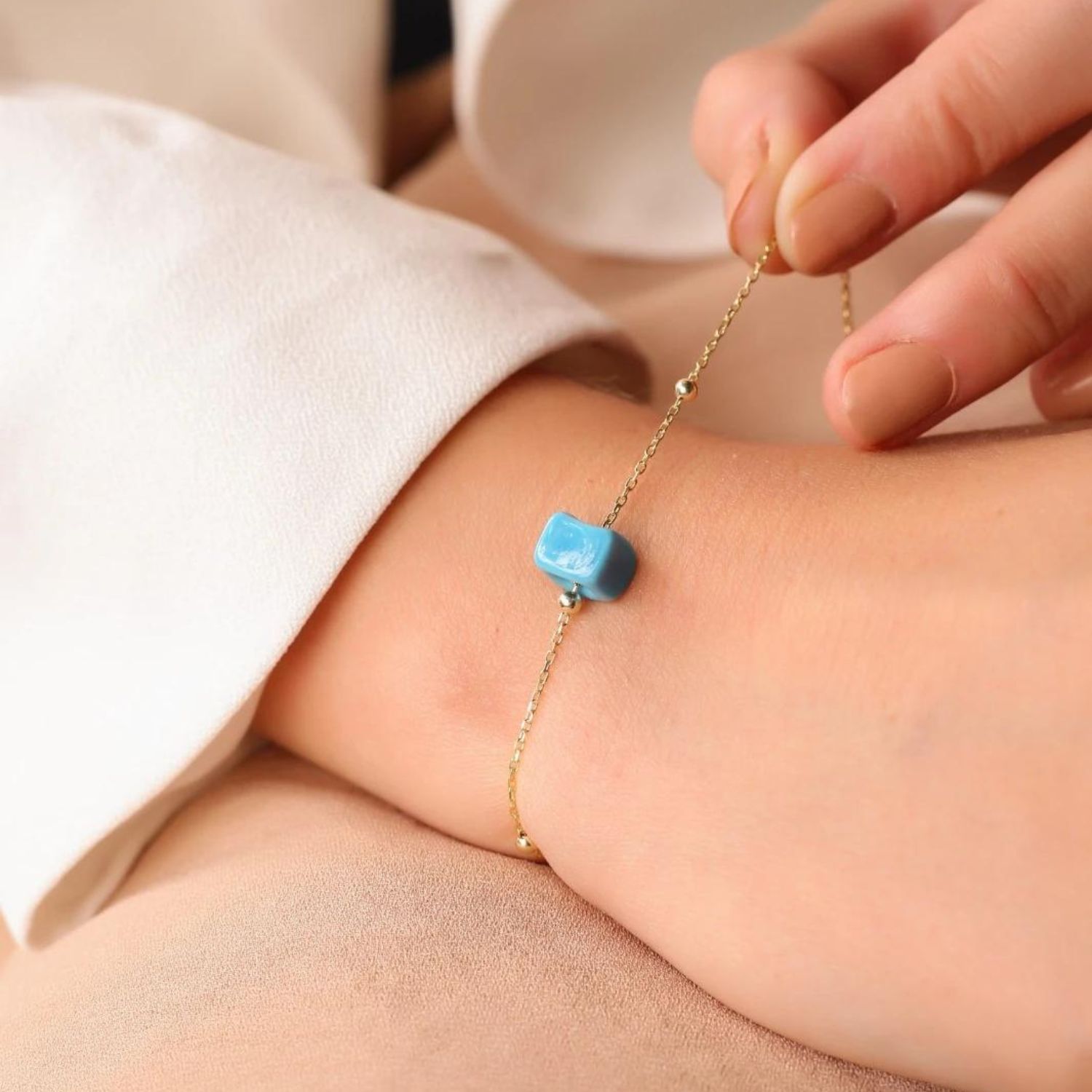 Sterling Silver Beaded Satellite Chain Bracelet With Turquoise Gemstone - Gold