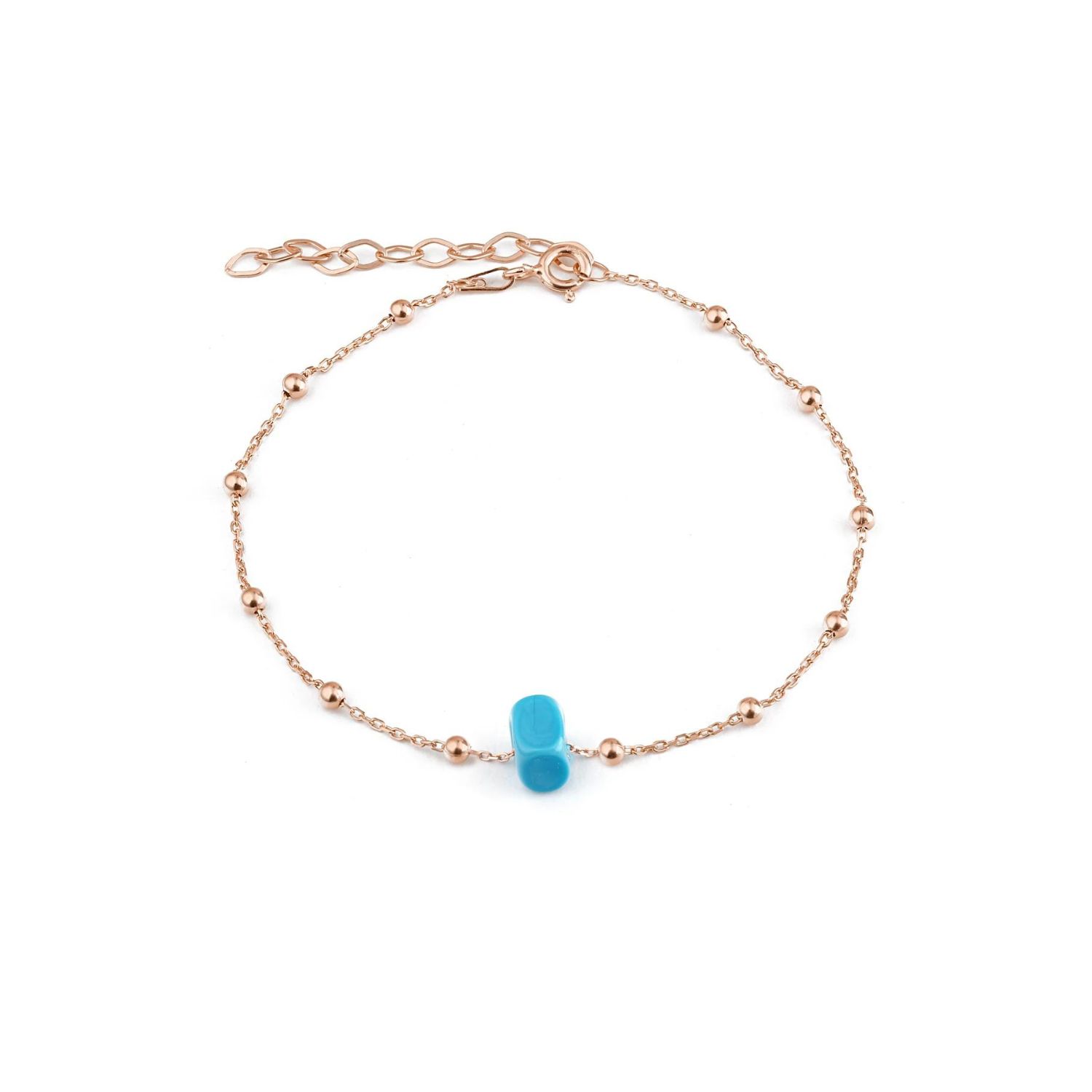 Sterling Silver Beaded Satellite Chain Bracelet With Turquoise Gemstone - Rose Gold