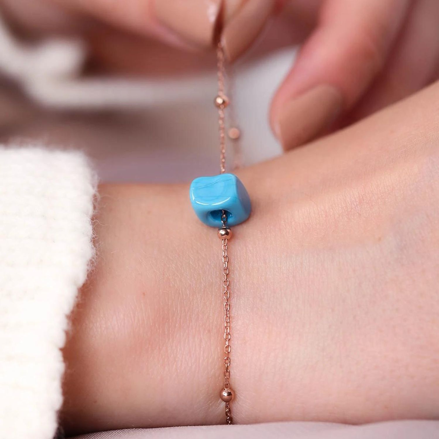 Sterling Silver Beaded Satellite Chain Bracelet With Turquoise Gemstone - Rose Gold