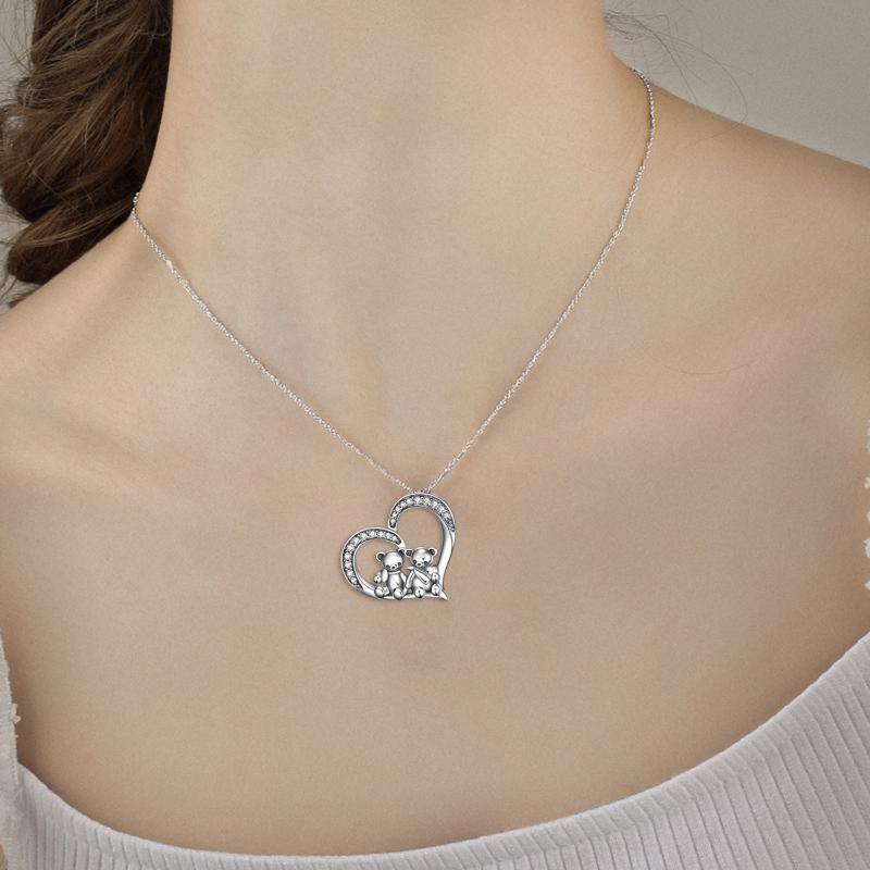Sterling Silver Bear & Heart Pendant Necklace