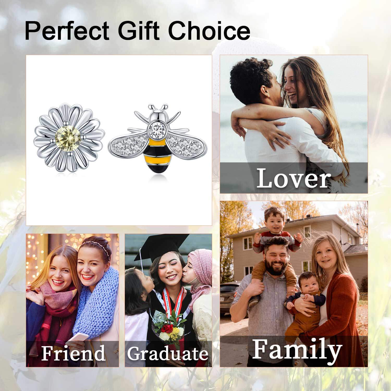 Sterling Silver Cubic Zirconia Bees & Daisy Stud Earrings