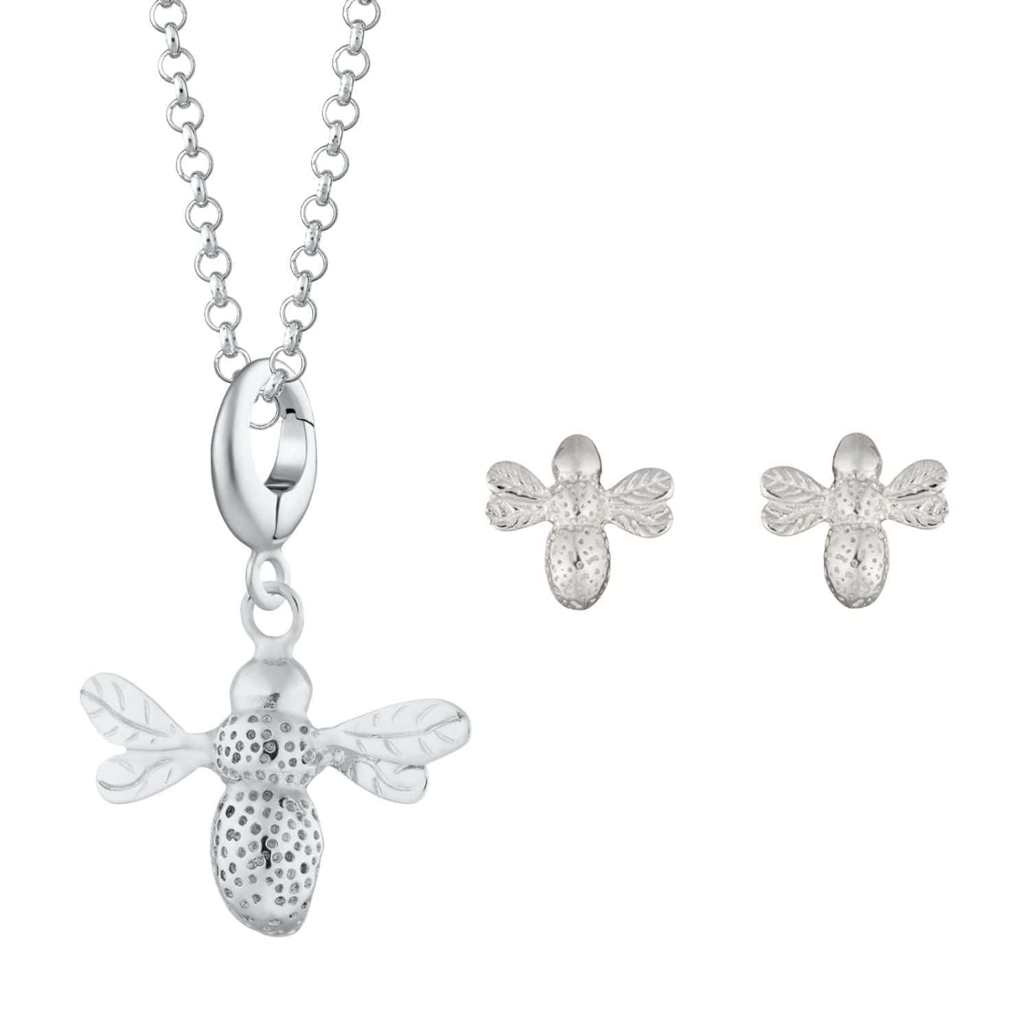 Sterling Silver Bee Necklace & Studs Jewellery Set