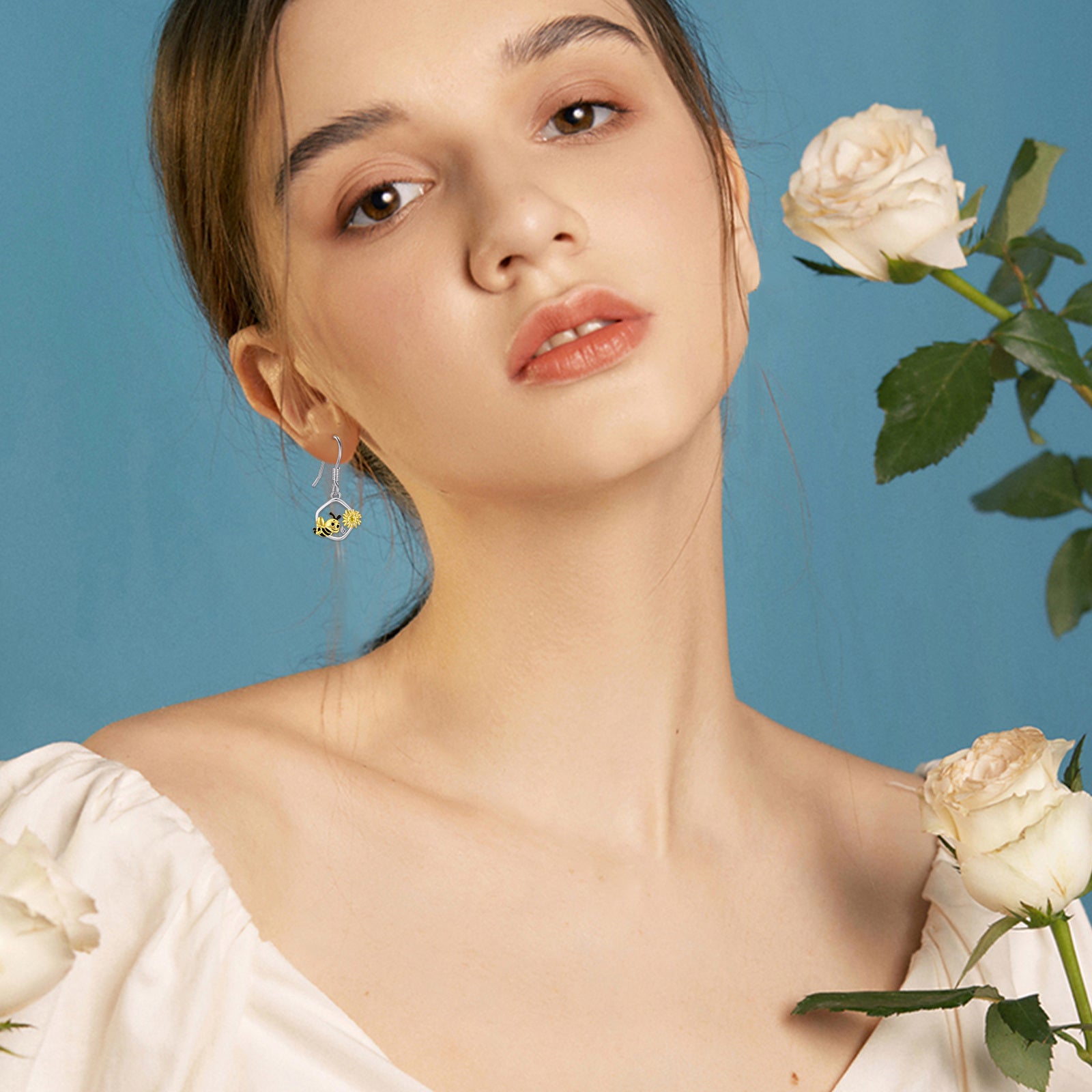 Sterling Silver Bee & Sunflower Drop Earrings