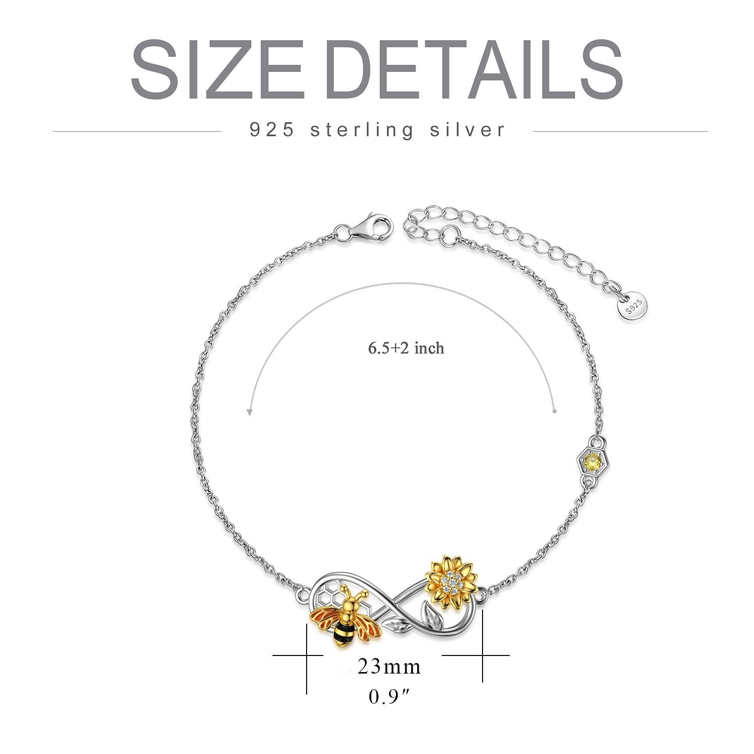 Sterling Silver Cubic Zirconia Bee With Sunflower With Infinity Symbol Charm Bracelet For Women