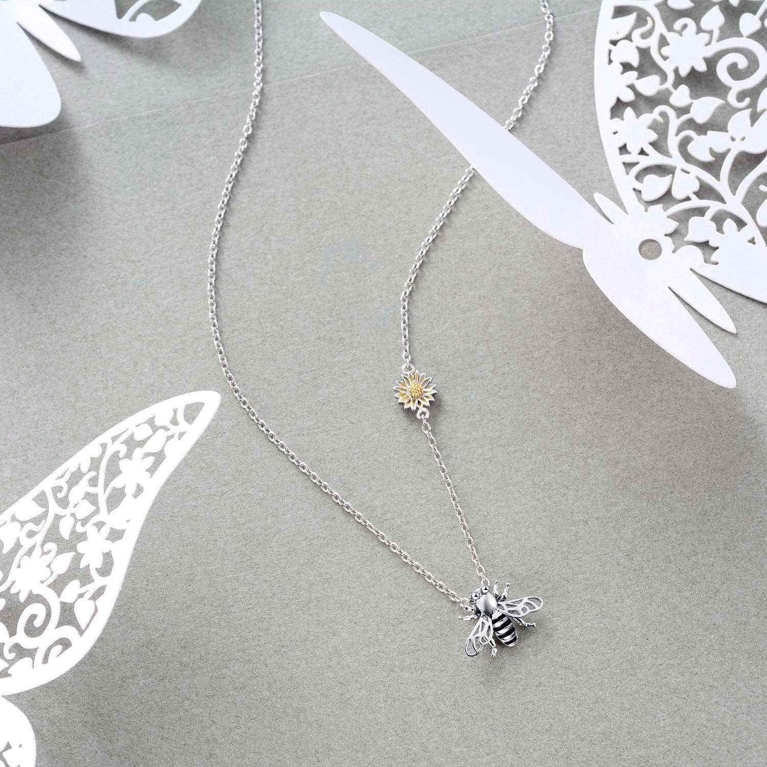 Sterling Silver Bee & Sunflower Pendant Necklace