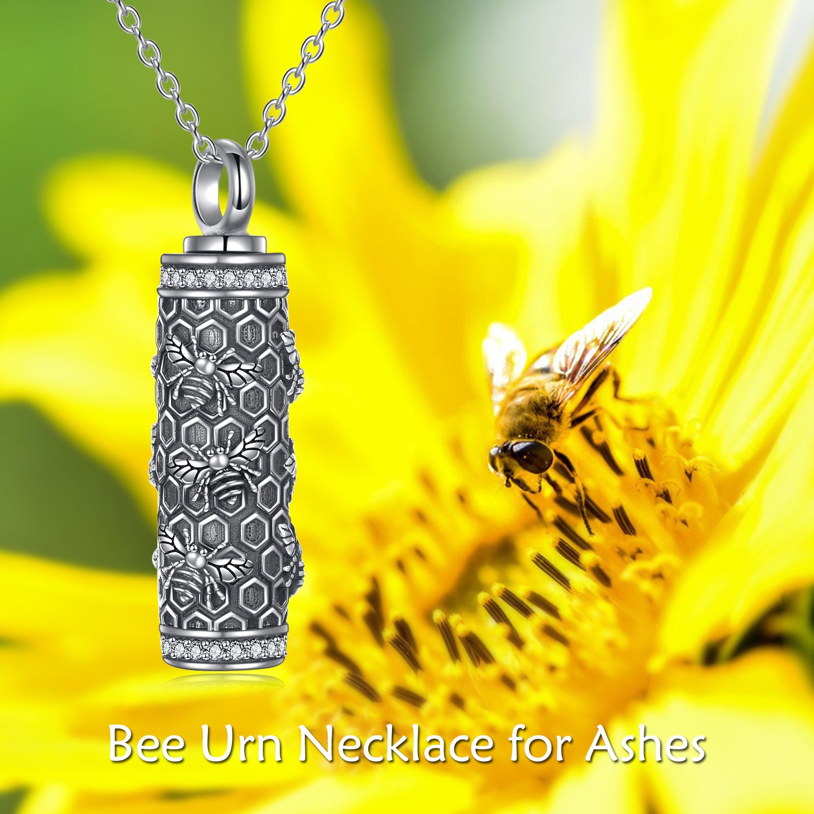 Sterling Silver Bees on Vertical Bar Urn Necklace for Ashes
