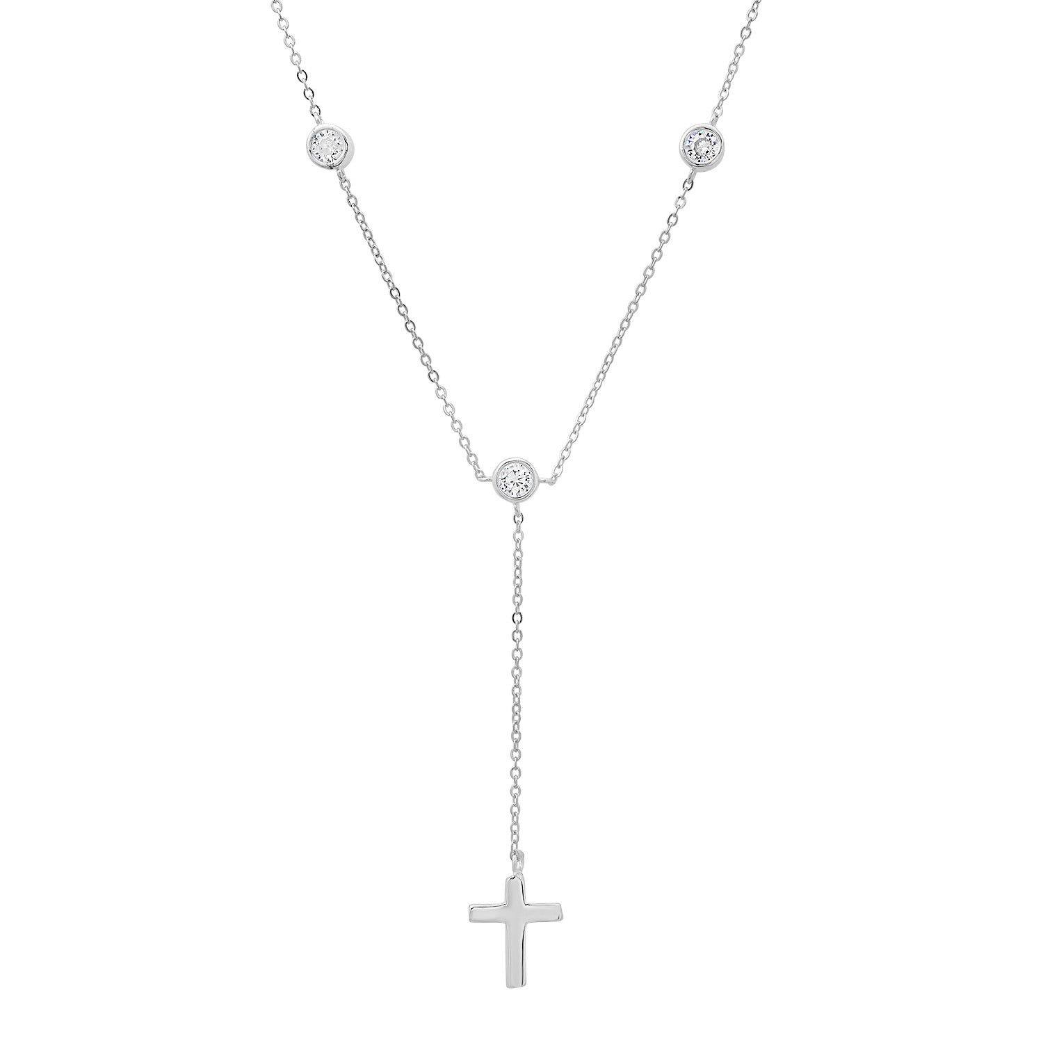 Sterling Silver Bezel-Set Diamond Cz Cross Y Necklace