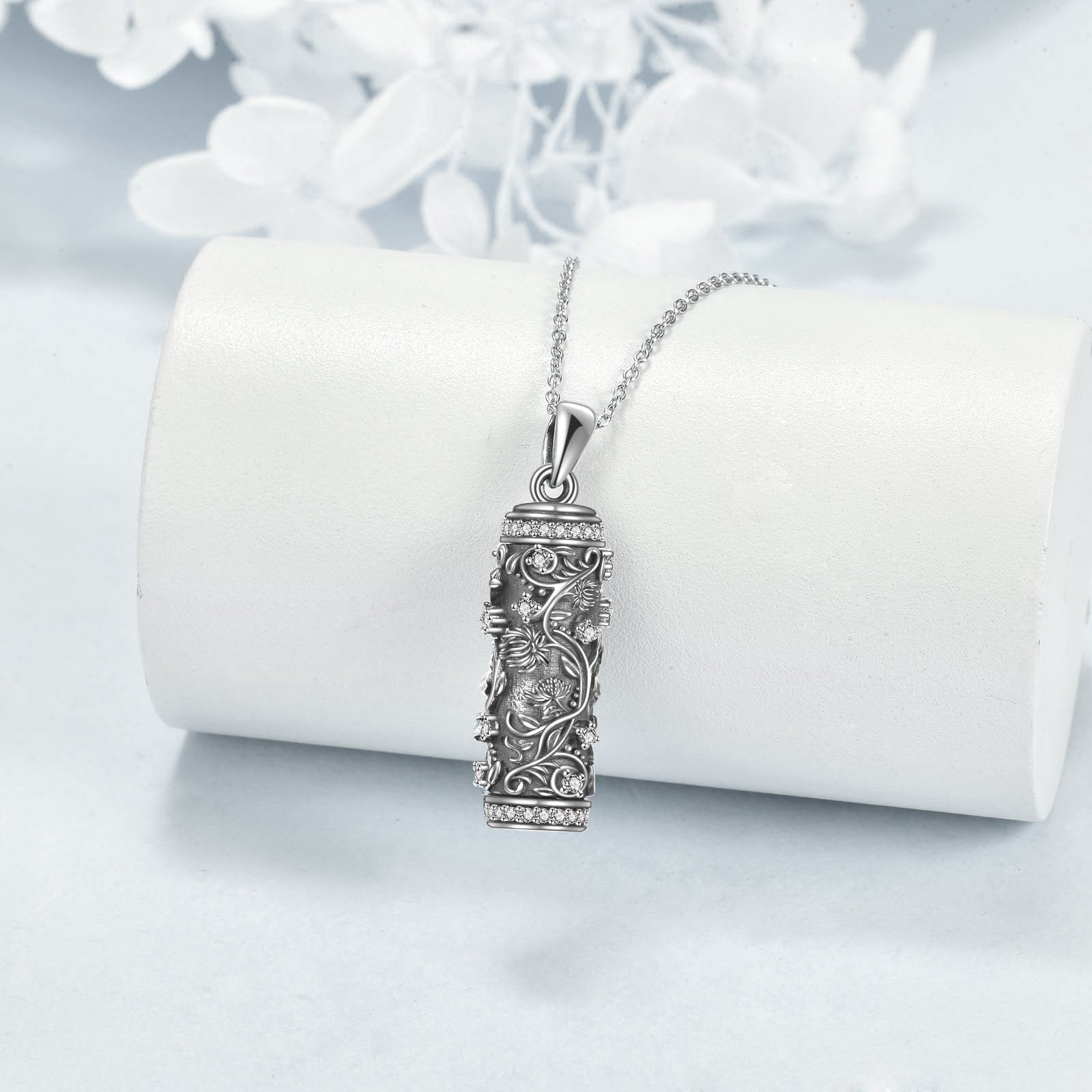 Sterling Silver Cubic Zirconia Birth Chrysanthemum Flower Urn Necklace for Ashes