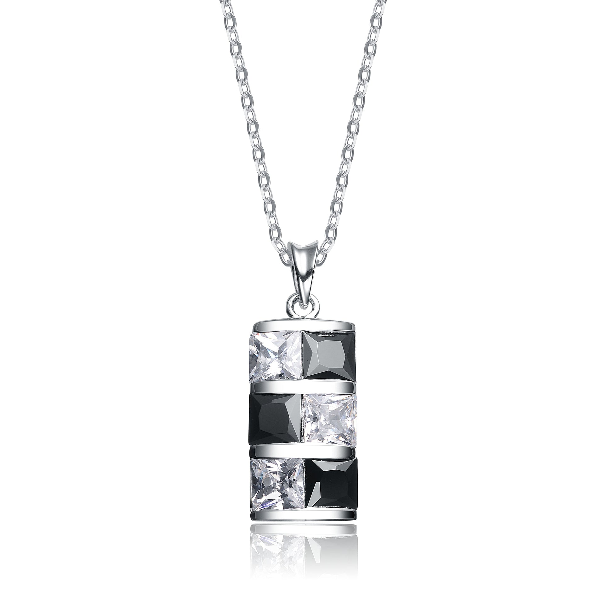 Sterling Silver Black And White Rectangular Cubic Zirconia Pendant