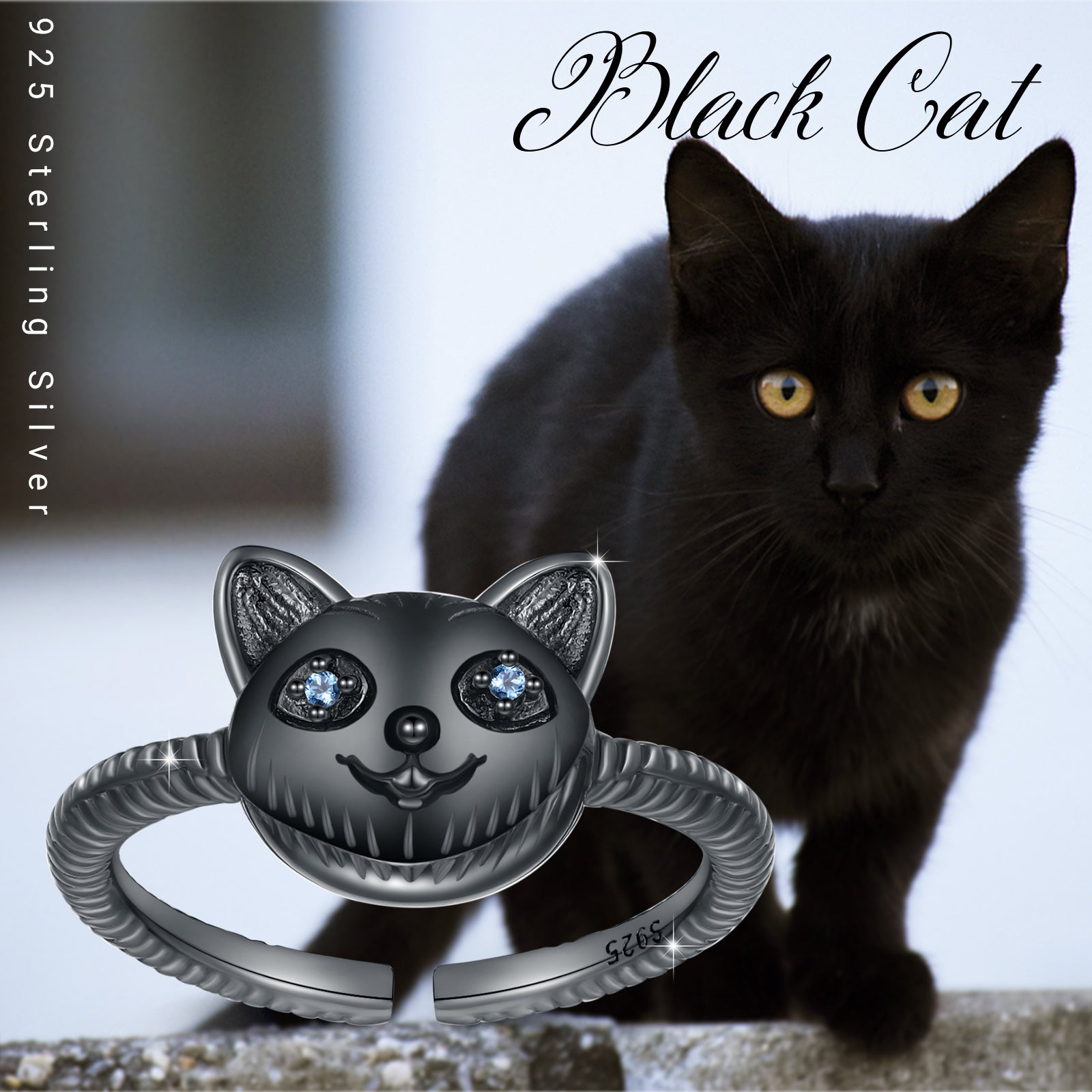 Sterling Silver with Black Plated Cubic Zirconia Cat Open Ring
