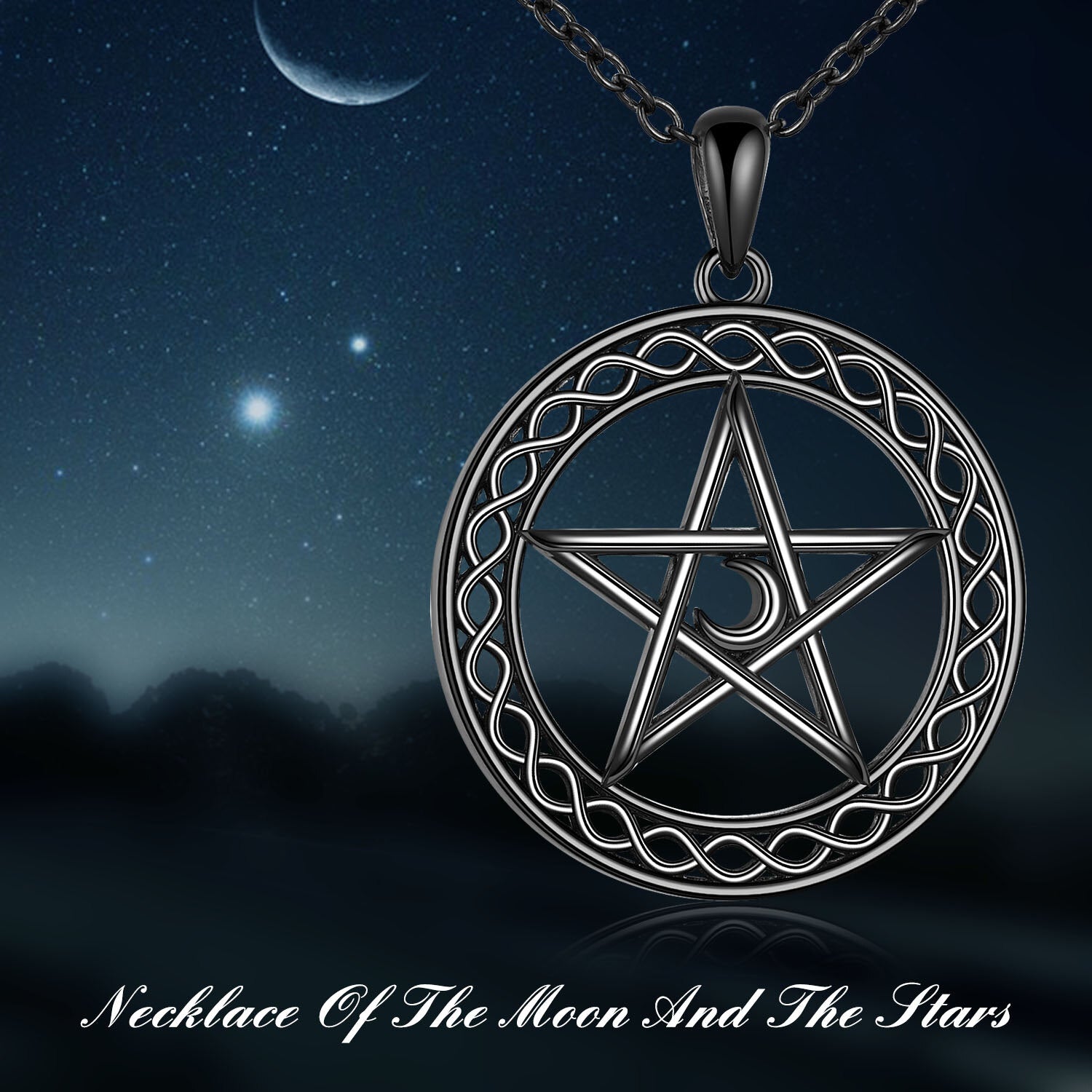 Sterling Silver with Black Color Plated Celtic Knot & Pentagram Pendant Necklace