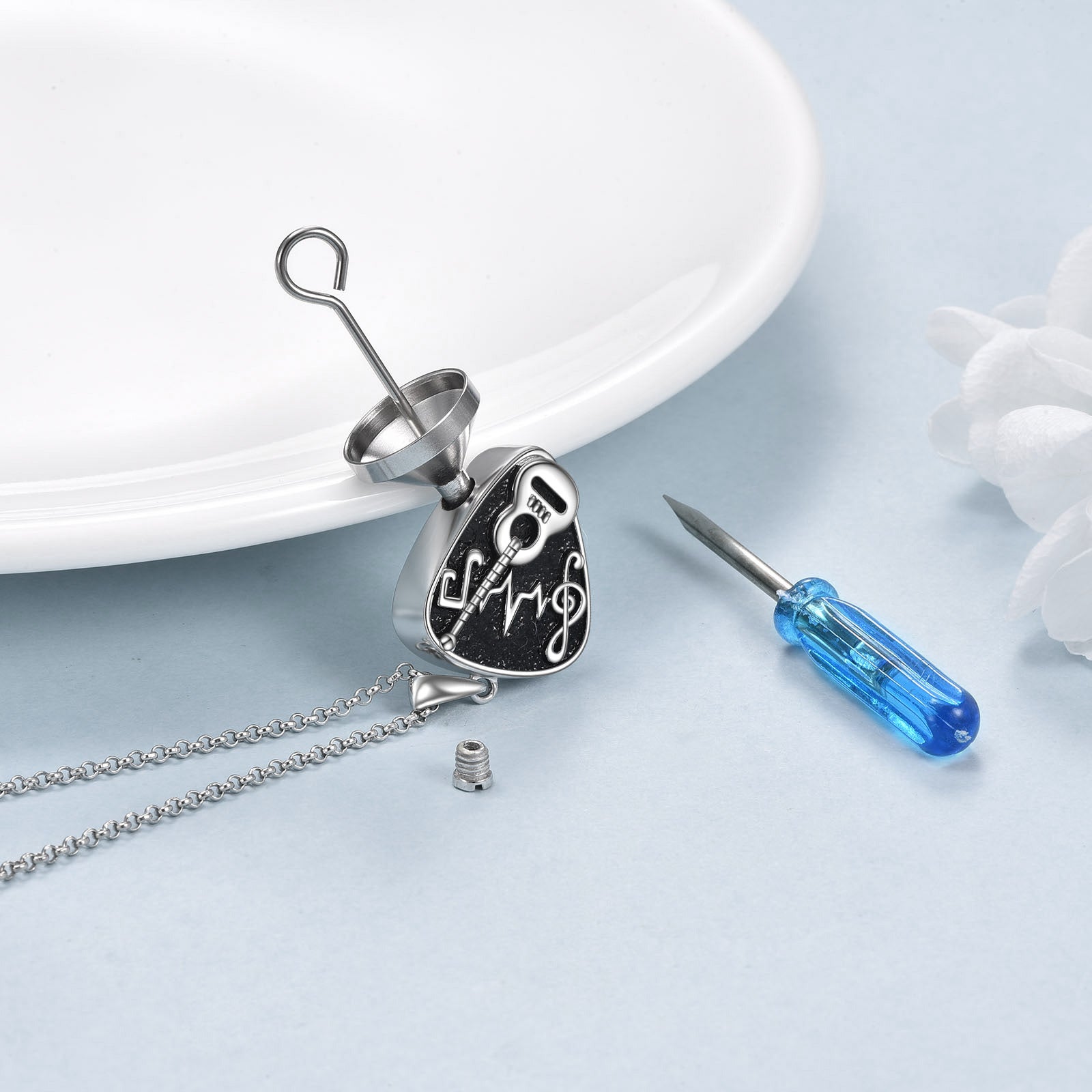 Sterling Silver with Black Color Plated Guitar Urn Necklace for Ashes