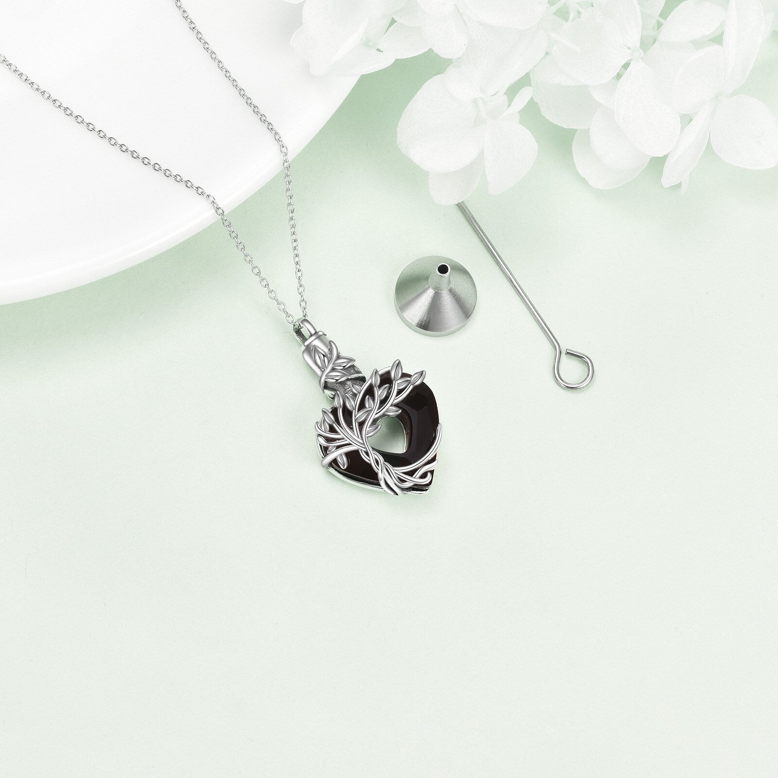 Sterling Silver Black Crystal Tree Of Life Urn Necklace for Ashes
