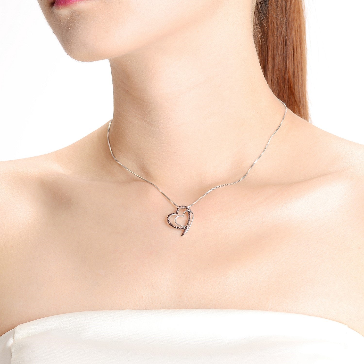 Sterling Silver Black Cubic Zirconia Double Heart Necklace