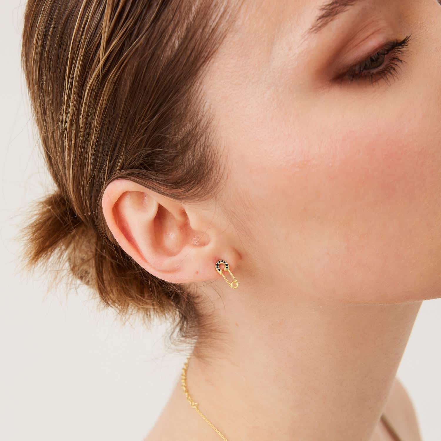 Sterling Silver Black Jewelled Mini Safety Pin Stud Earrings - Gold