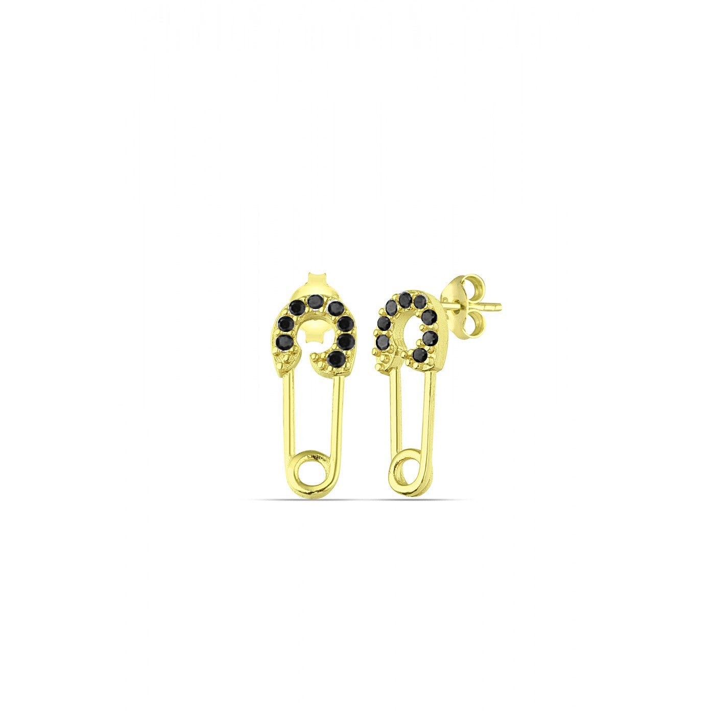 Sterling Silver Black Jewelled Mini Safety Pin Stud Earrings - Gold