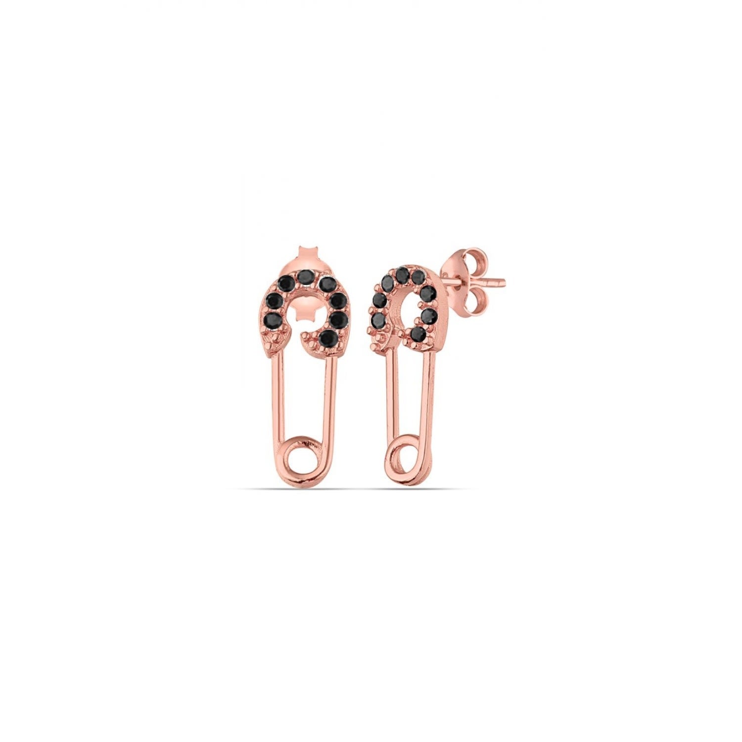 Sterling Silver Black Jewelled Mini Safety Pin Stud Earrings - Rose Gold