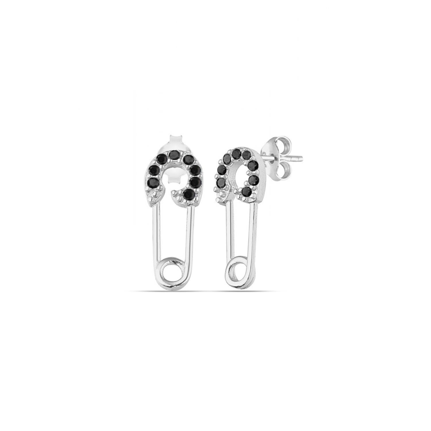 Sterling Silver Black Jewelled Mini Safety Pin Stud Earrings - Silver
