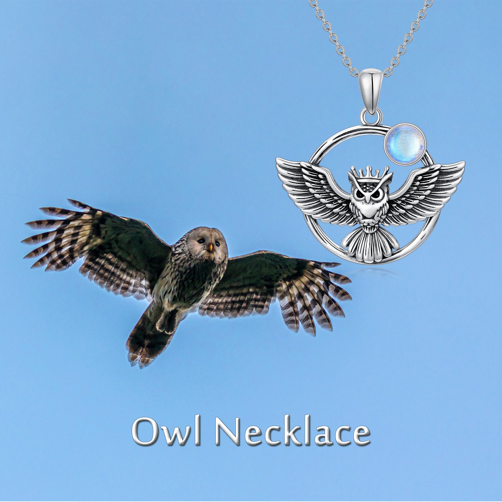 Sterling Silver with Black Plated Moonstone Owl Pendant Necklace