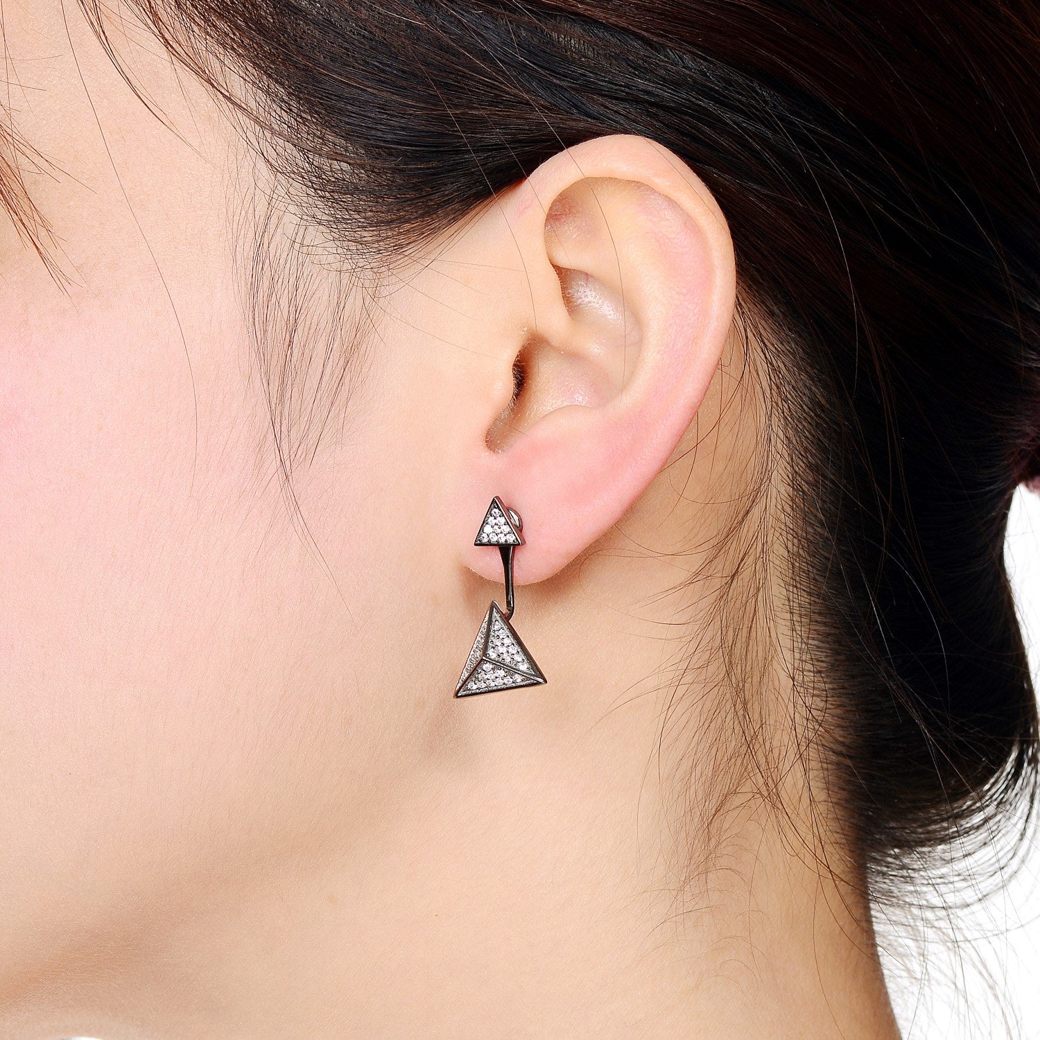 Sterling Silver Black Plated Cubic Zirconia Multiple Triangle Jacket Earrings