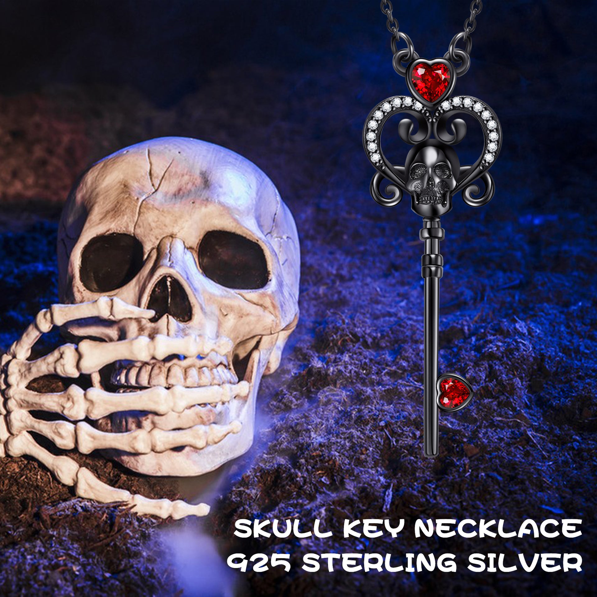Sterling Silver Black Skull Heart Key Pendant Necklace Gothic Halloween Jewelry Gift