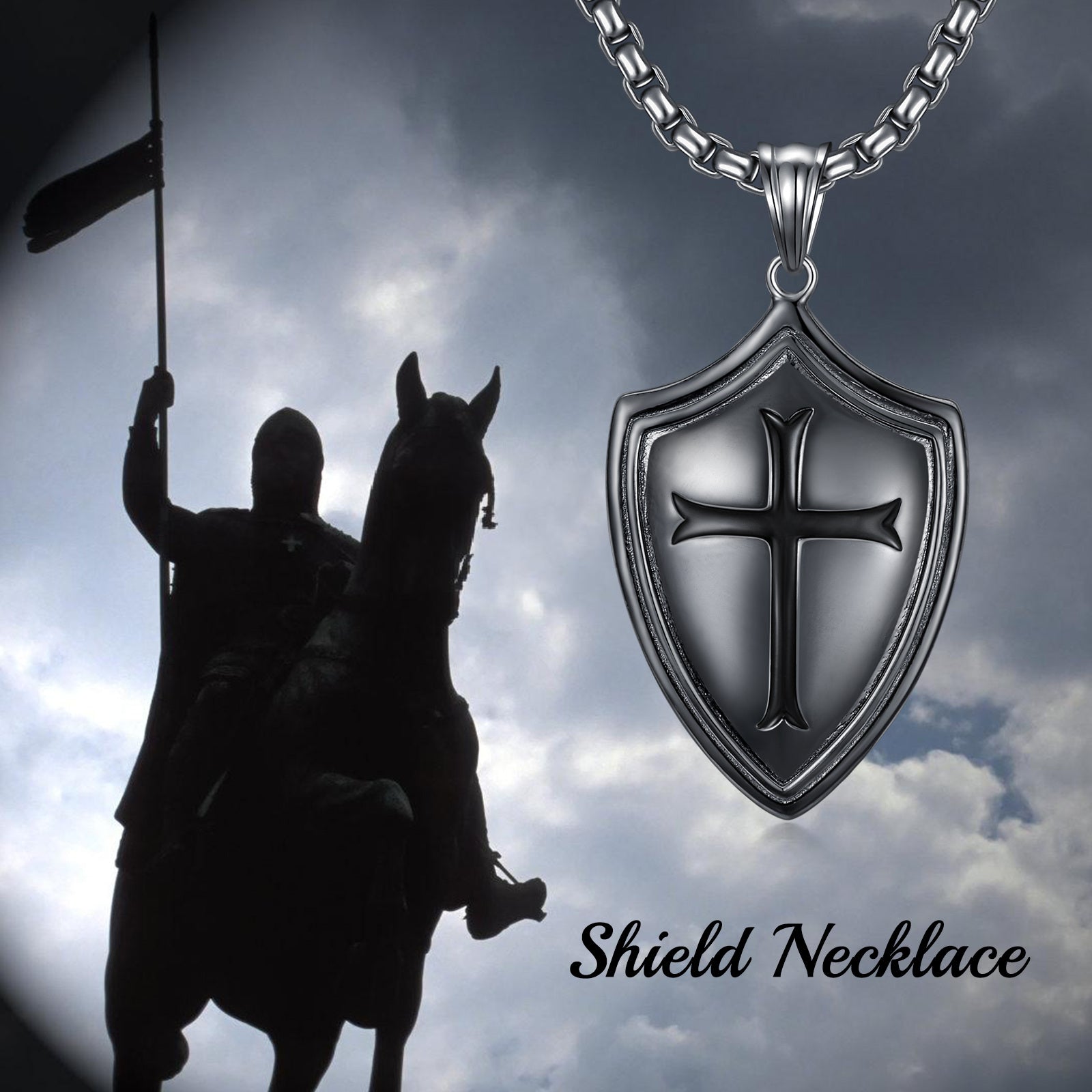 Sterling Silver with Black Rhodium Color Cross & Shield Pendant Necklace