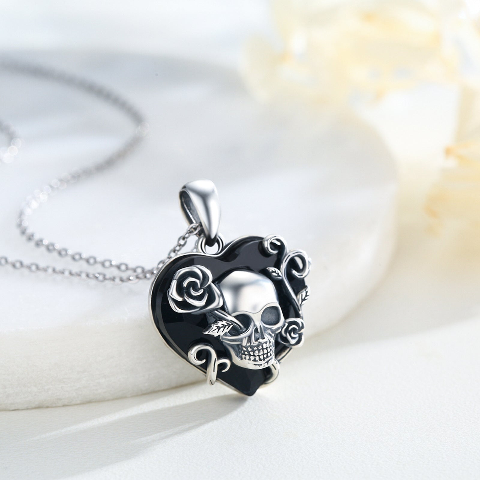 Sterling Silver with Black Rhodium Color Heart Shaped Rose & Skull Crystal Pendant Necklace