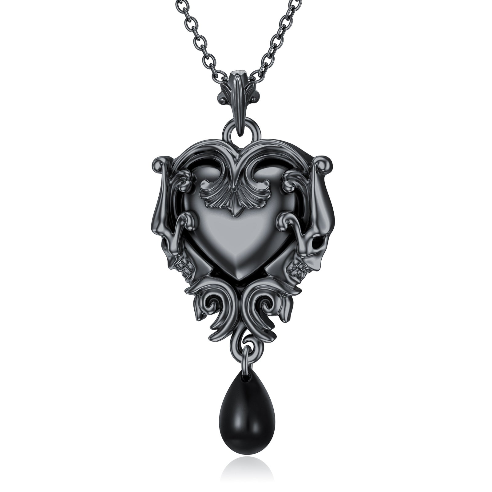 Sterling Silver with Black Rhodium Color Heart & Skull Pendant Necklace