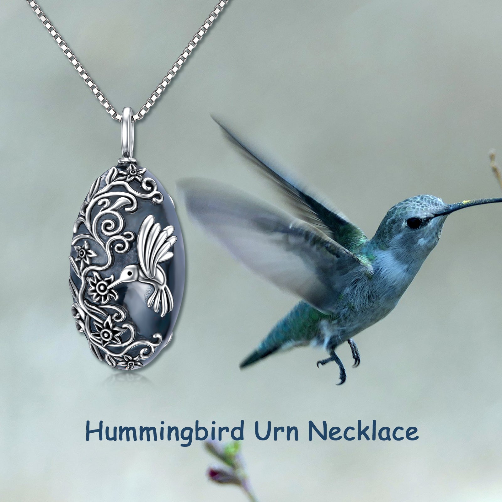 Sterling Silver with Black Rhodium Color Hummingbird Urn Necklace for Ashes