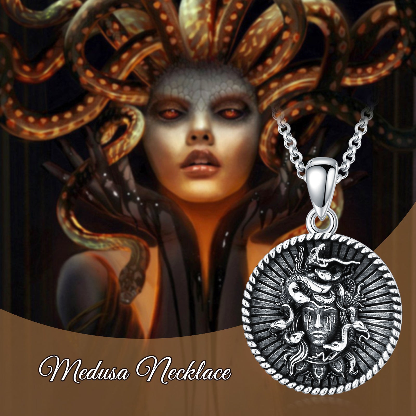 Sterling Silver with Black Rhodium Color Medusa Coin Pendant Necklace