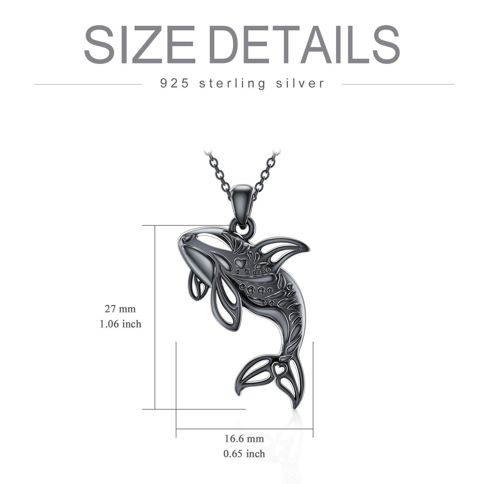 Sterling Silver with Black Rhodium Color Whale Pendant Necklace
