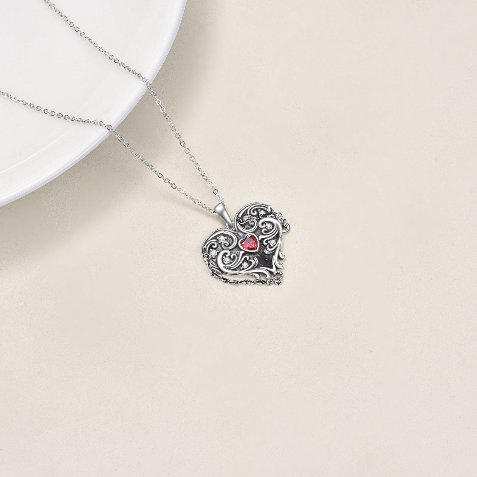 Sterling Silver with Black Rhodium Cubic Zirconia Heart & Witch Pendant Necklace
