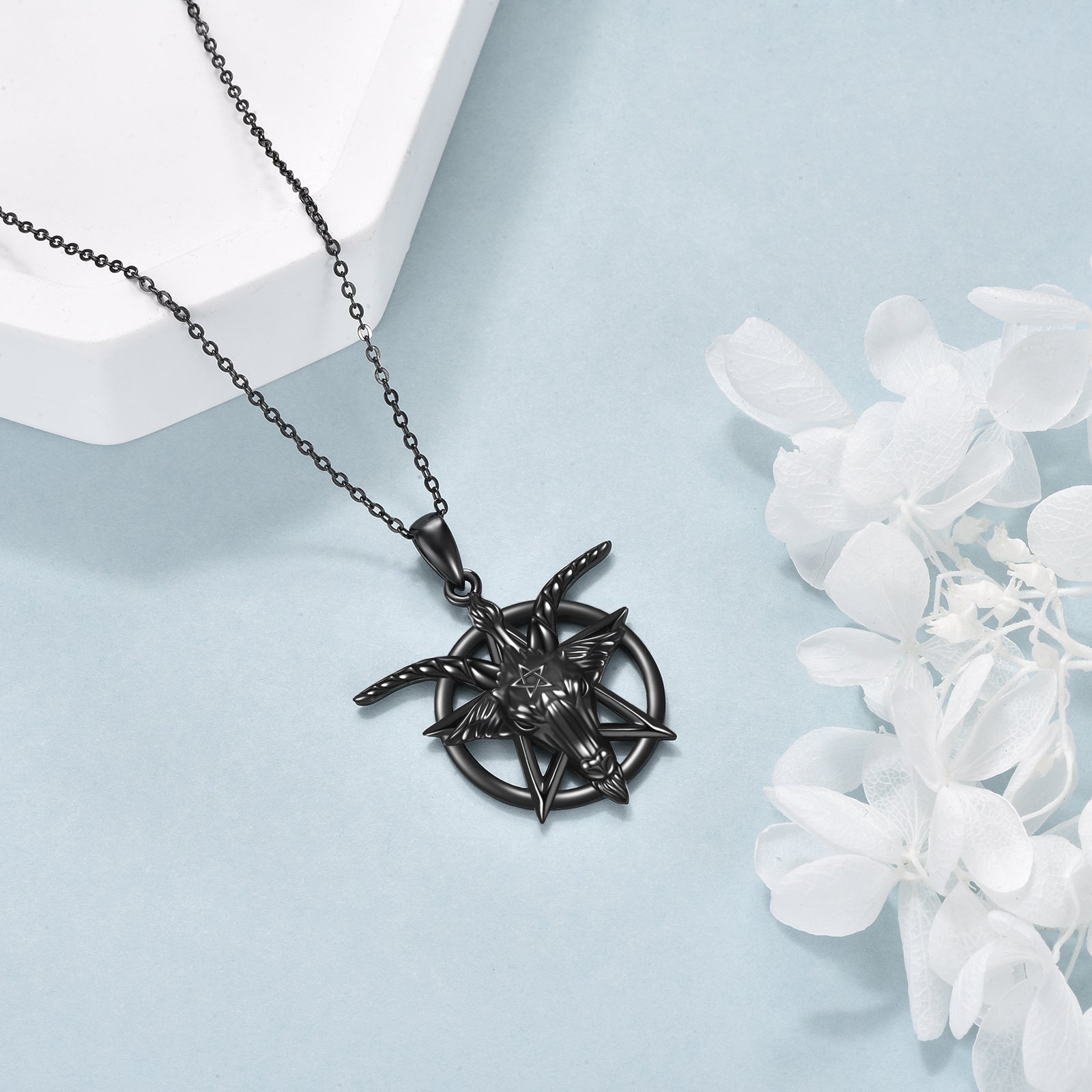 Sterling Silver with Black Rhodium Pentagram & Satanic Goat Pendant Necklace