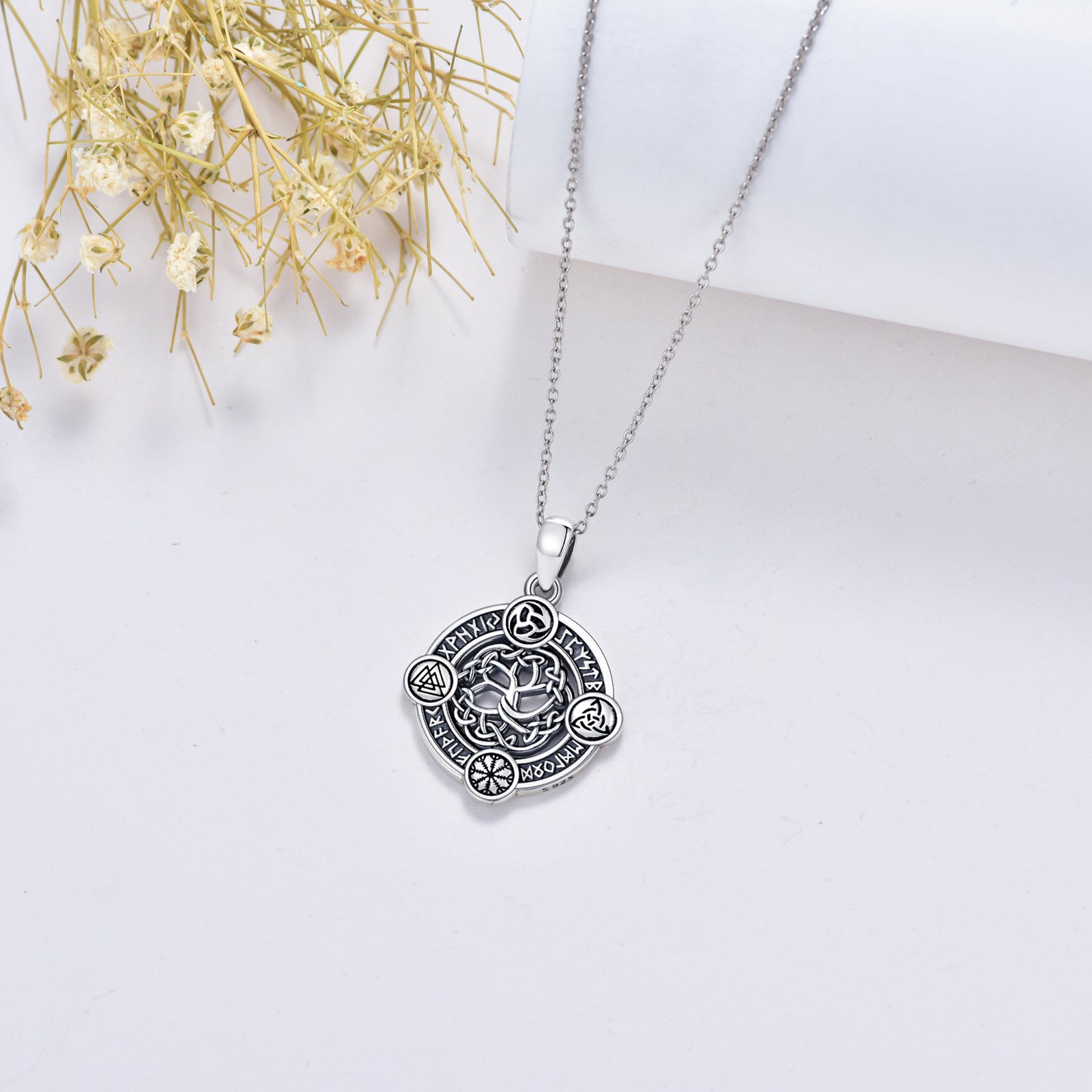 Sterling Silver with Black Rhodium Tree Of Life Pendant Necklace