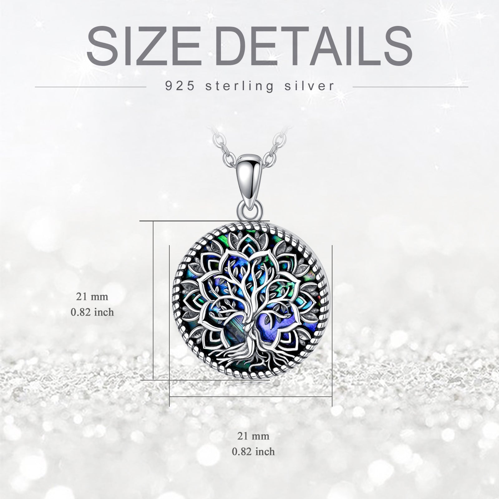 Sterling Silver with Black Plated Round Abalone Shellfish Lotus & Tree Of Life Pendant Necklace