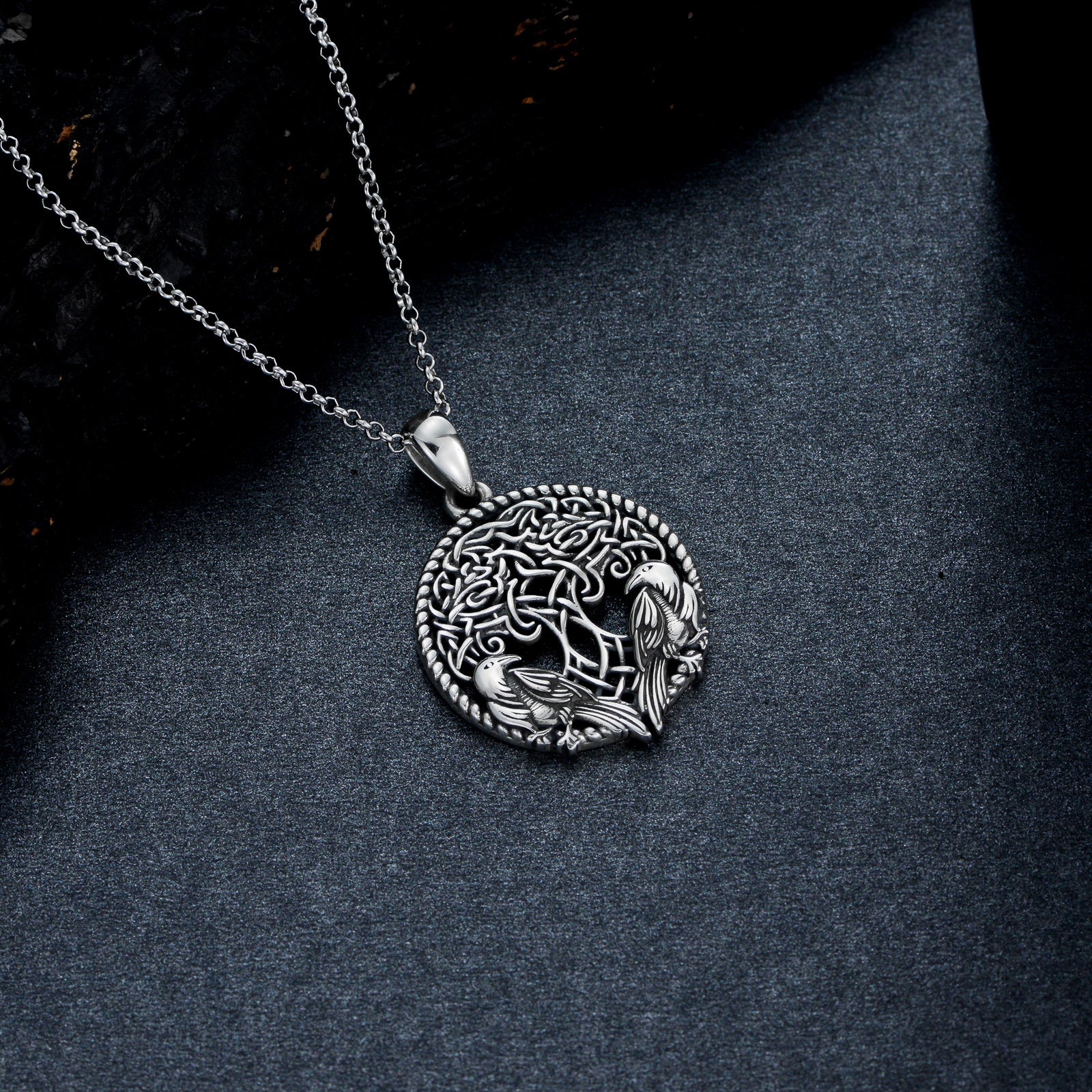 Sterling Silver with Black Plated Round Tree Of Life Pendant Necklace