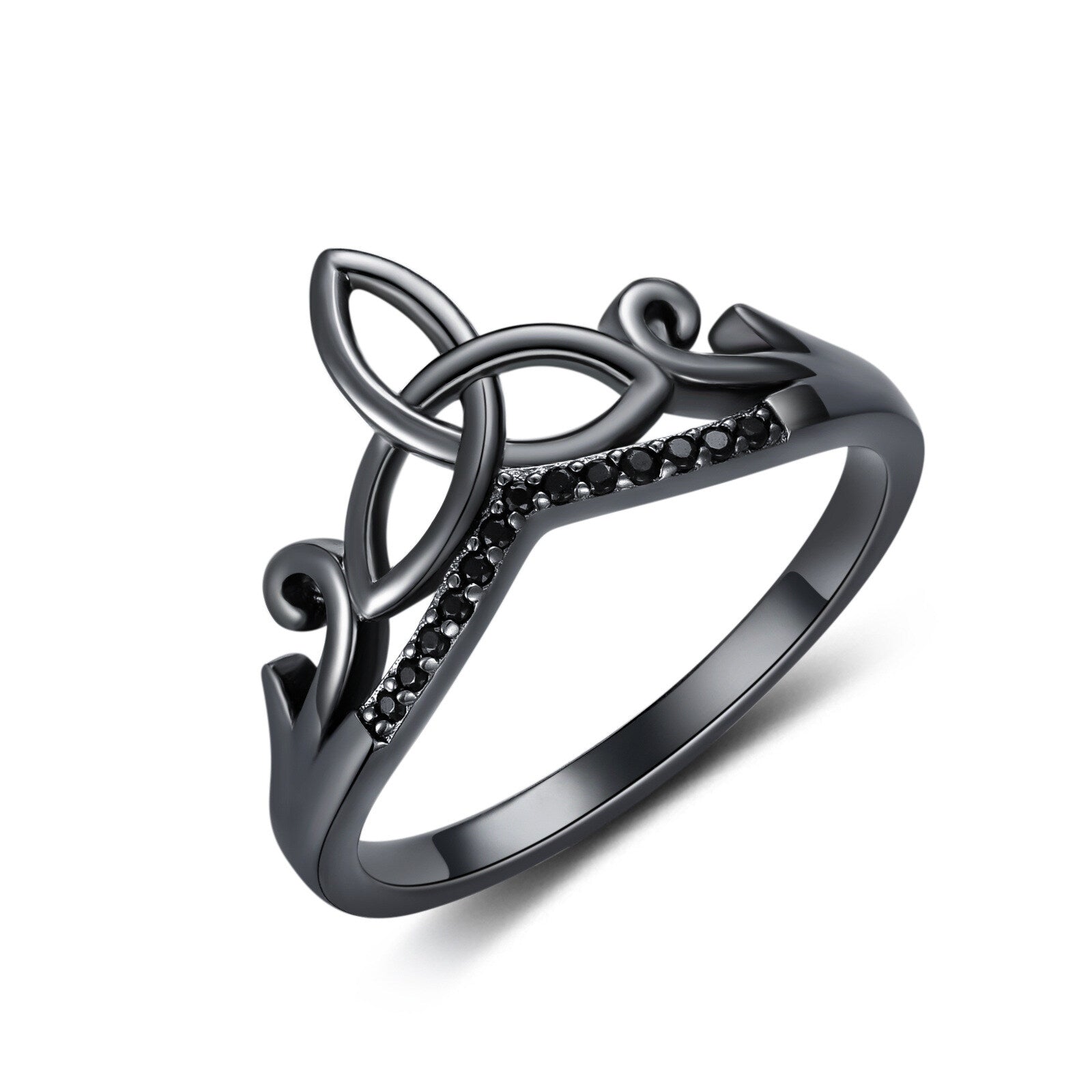 Sterling Silver with Black Color Plated Round Shaped Cubic Zirconia Celtic Knot Ring