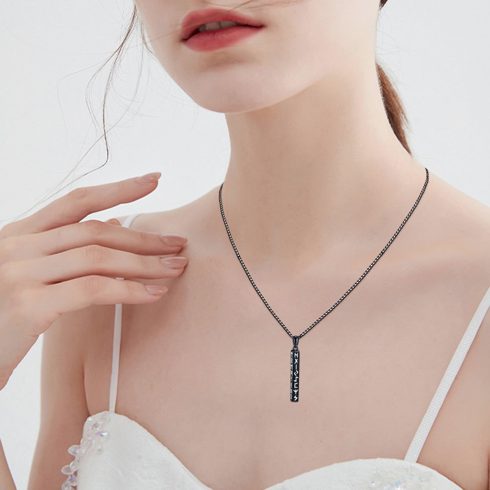 Sterling Silver with Black Plated Viking Rune Bar Necklace