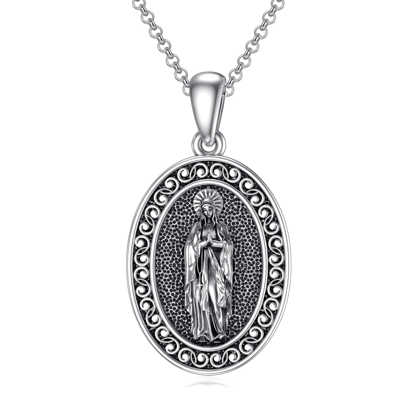 Sterling Silver with Black Plated Virgin Mary Pendant Necklace