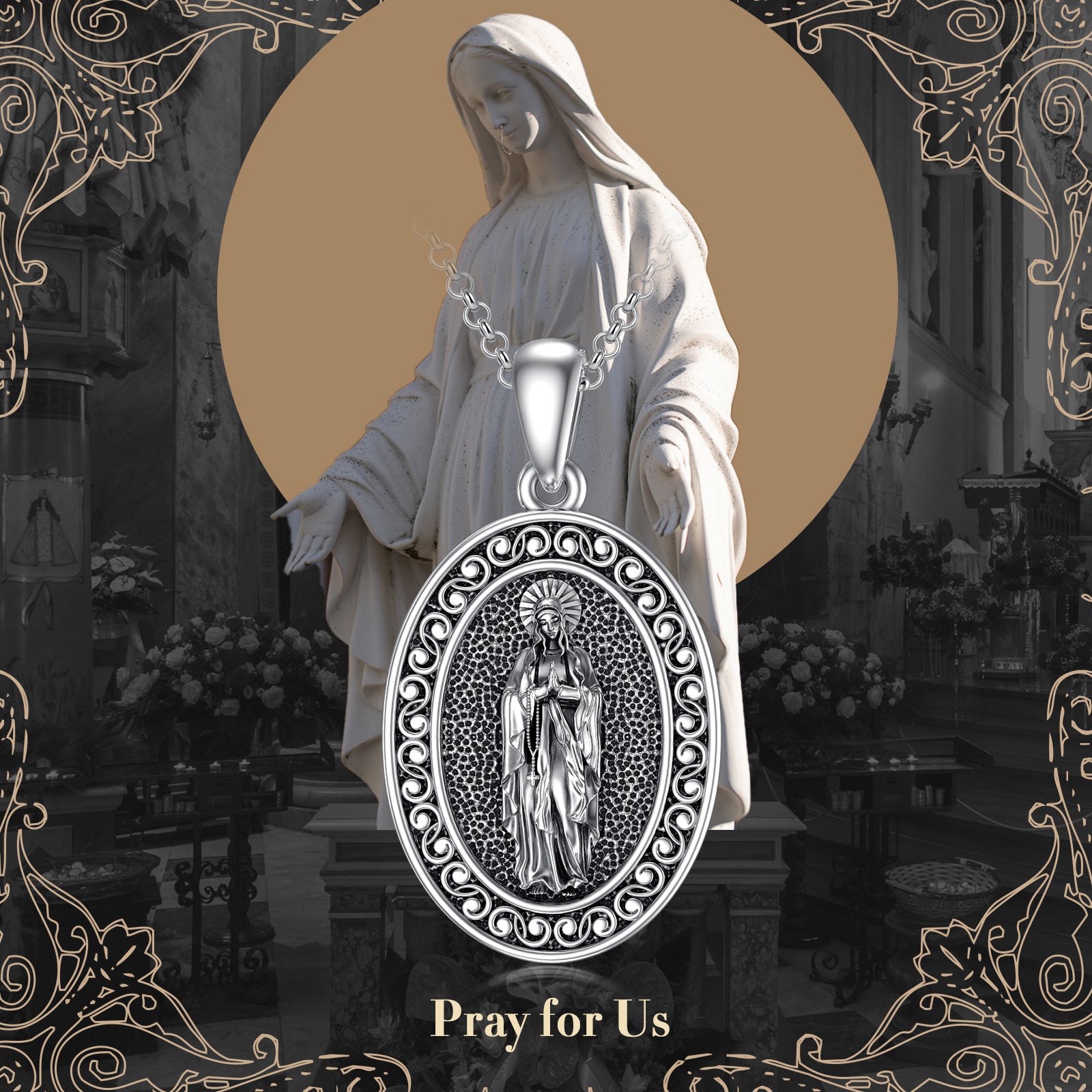 Sterling Silver with Black Plated Virgin Mary Pendant Necklace