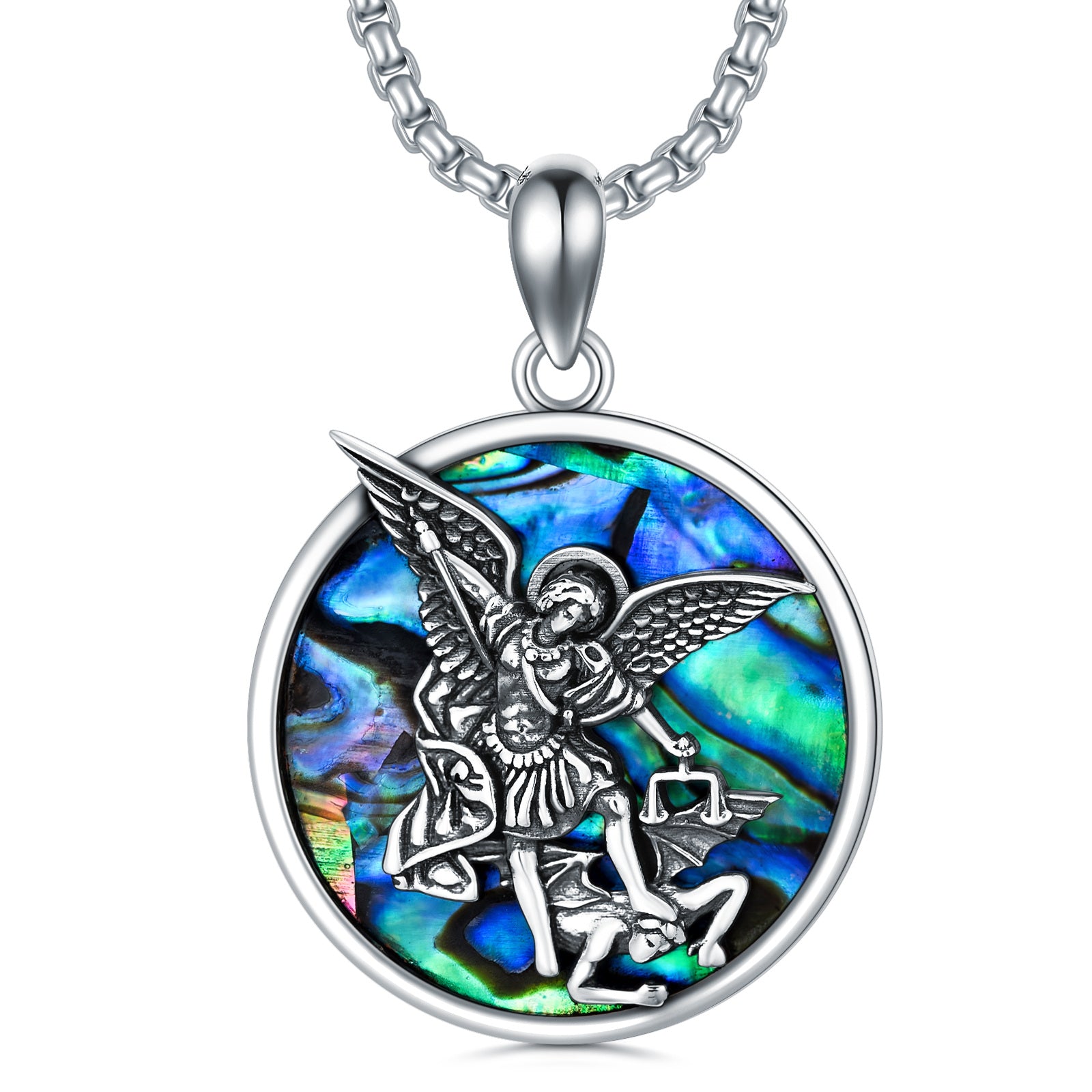 Sterling Silver Blue Abalone Shellfish Saint Michael Pendant Necklace