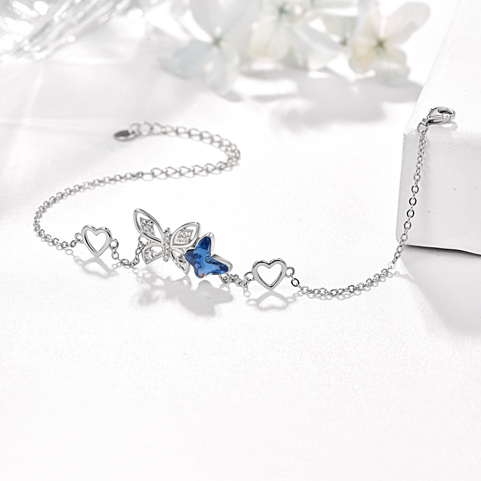 Sterling Silver Blue Crystal Butterfly & Heart Charm Bracelet