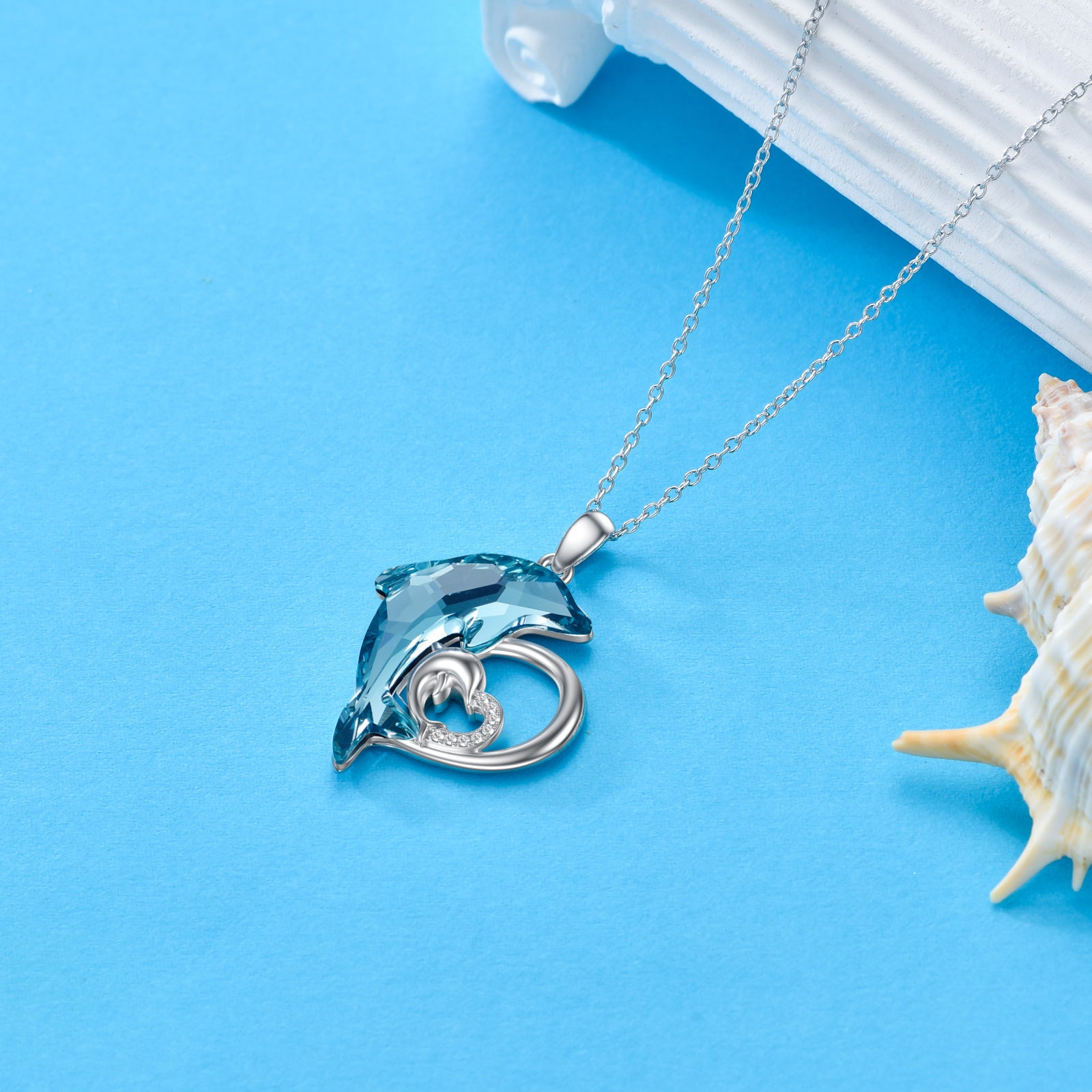 Sterling Silver Blue Crystal Mama Dolphin & Baby Heart Pendant Necklace