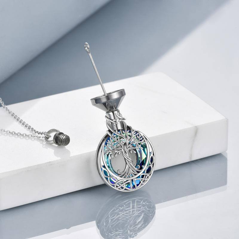 Sterling Silver Blue Crystal Tree Of Life & Celtic Knot Urn Necklace for Ashes