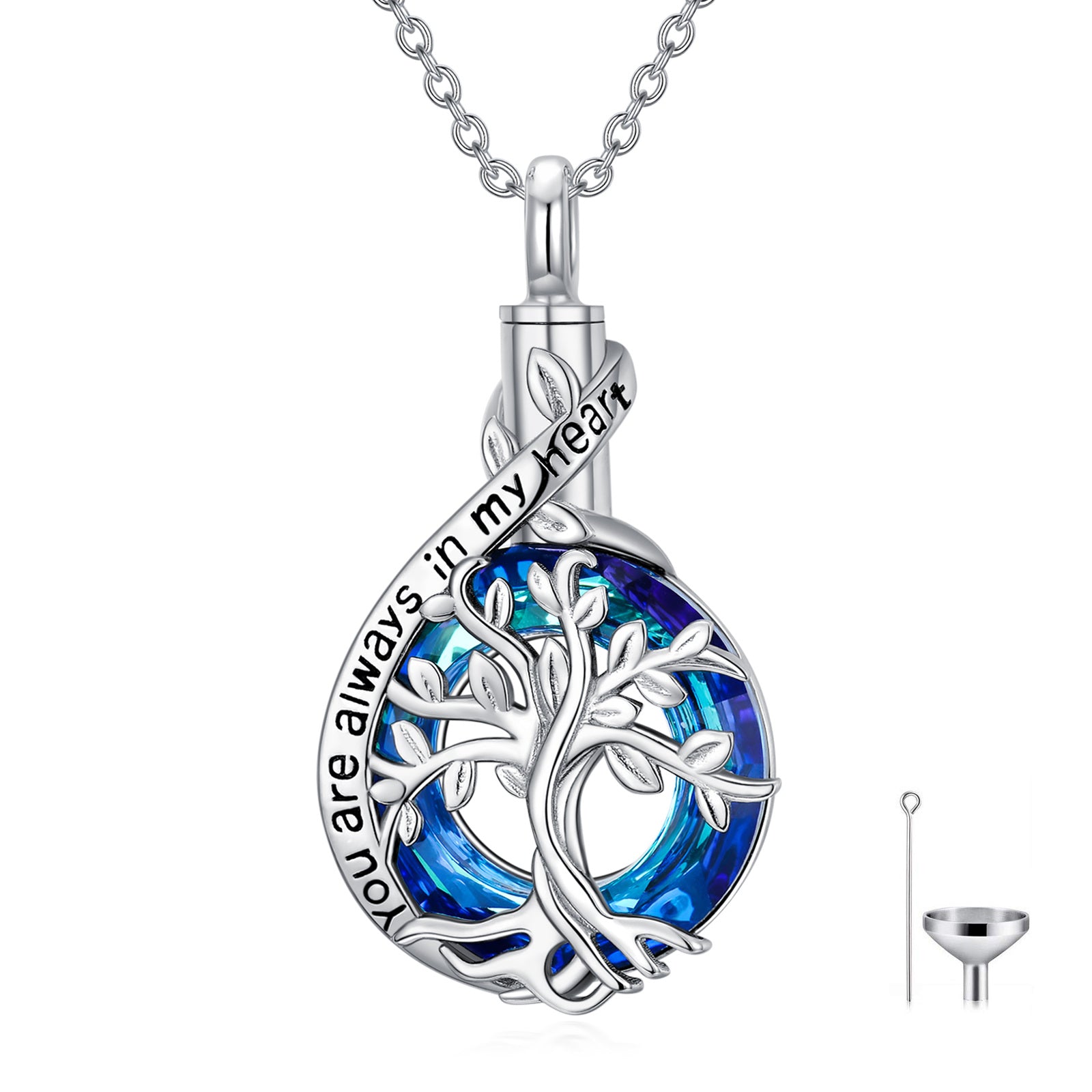 Sterling Silver Blue Crystal Tree Of Life Urn Necklace for Ashes with Engraved Word