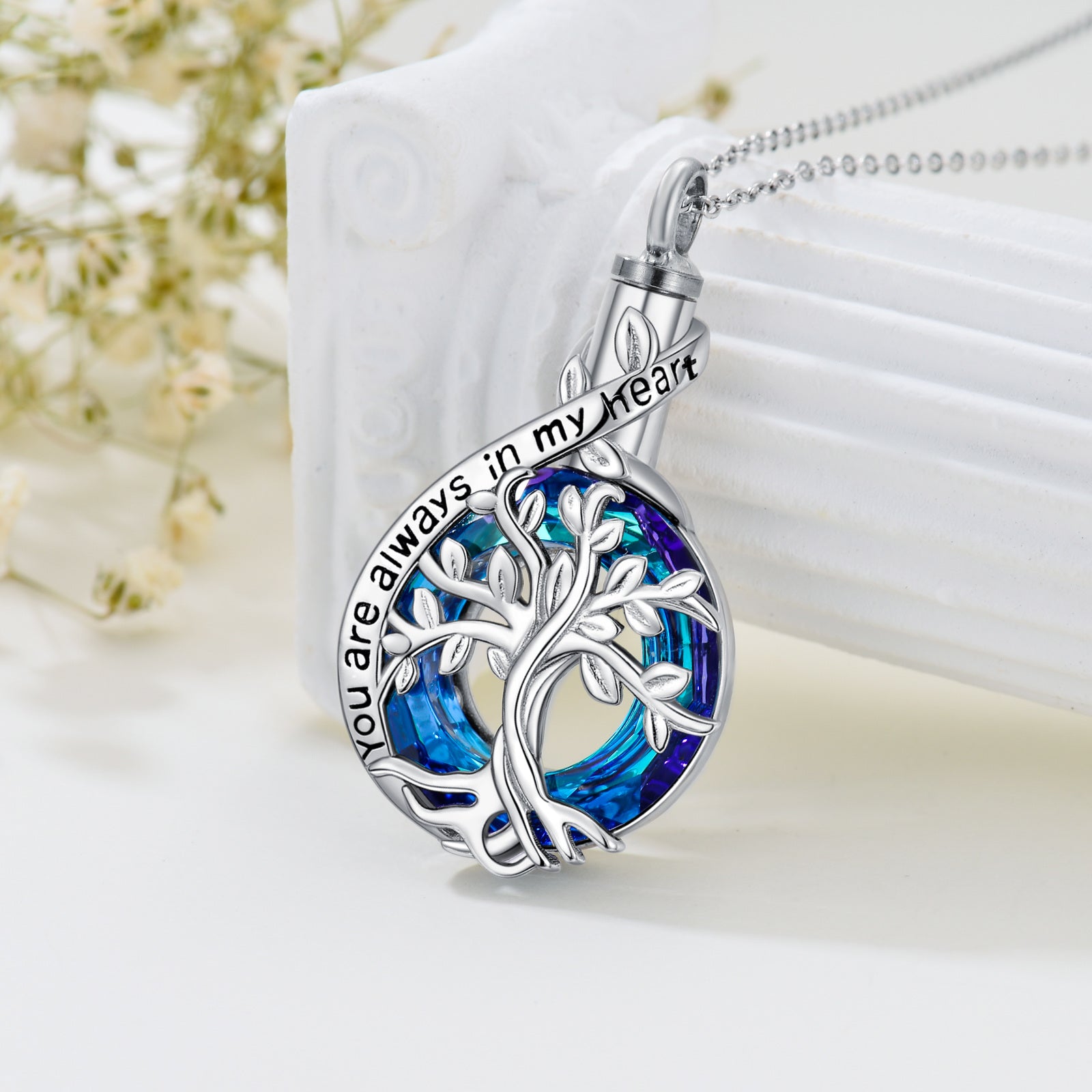 Sterling Silver Blue Crystal Tree Of Life Urn Necklace for Ashes with Engraved Word