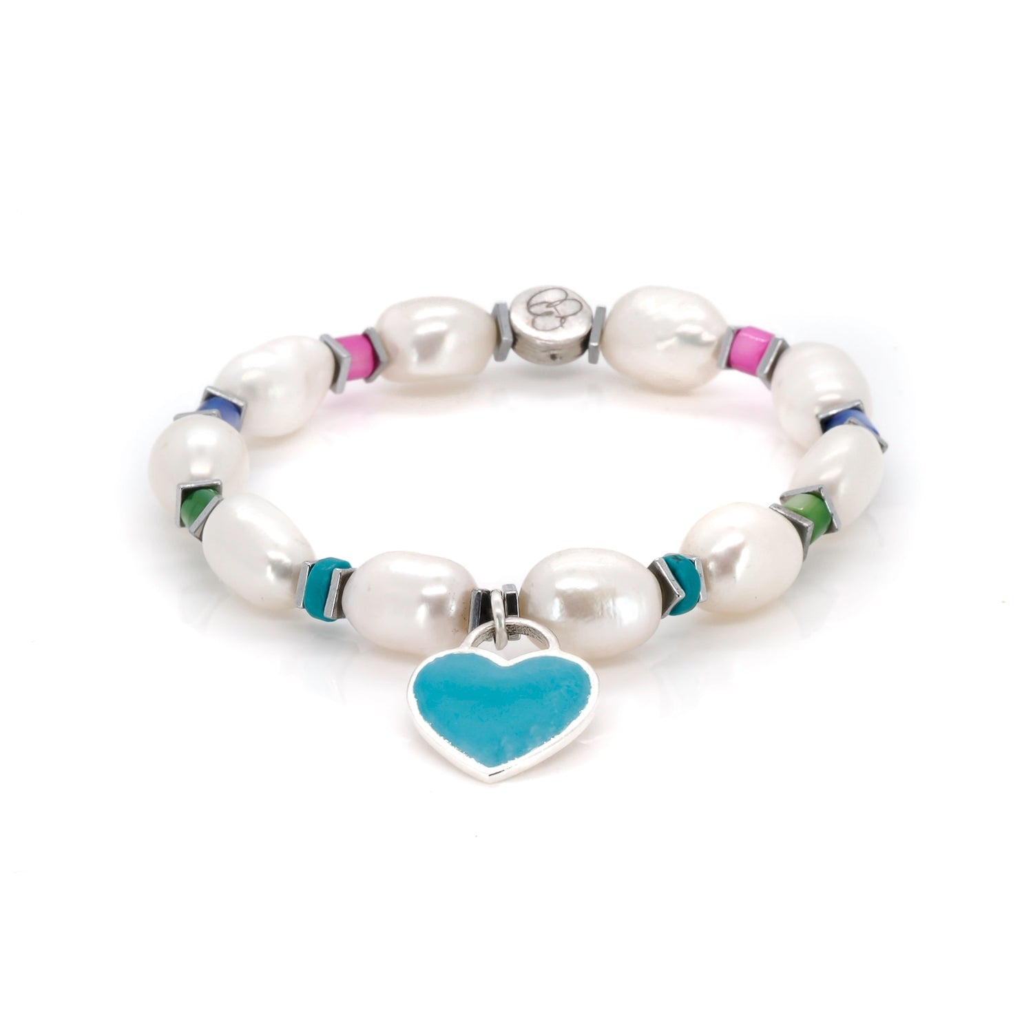 Inner Peace Blue Heart Charm Pearl Beaded Bracelet - White