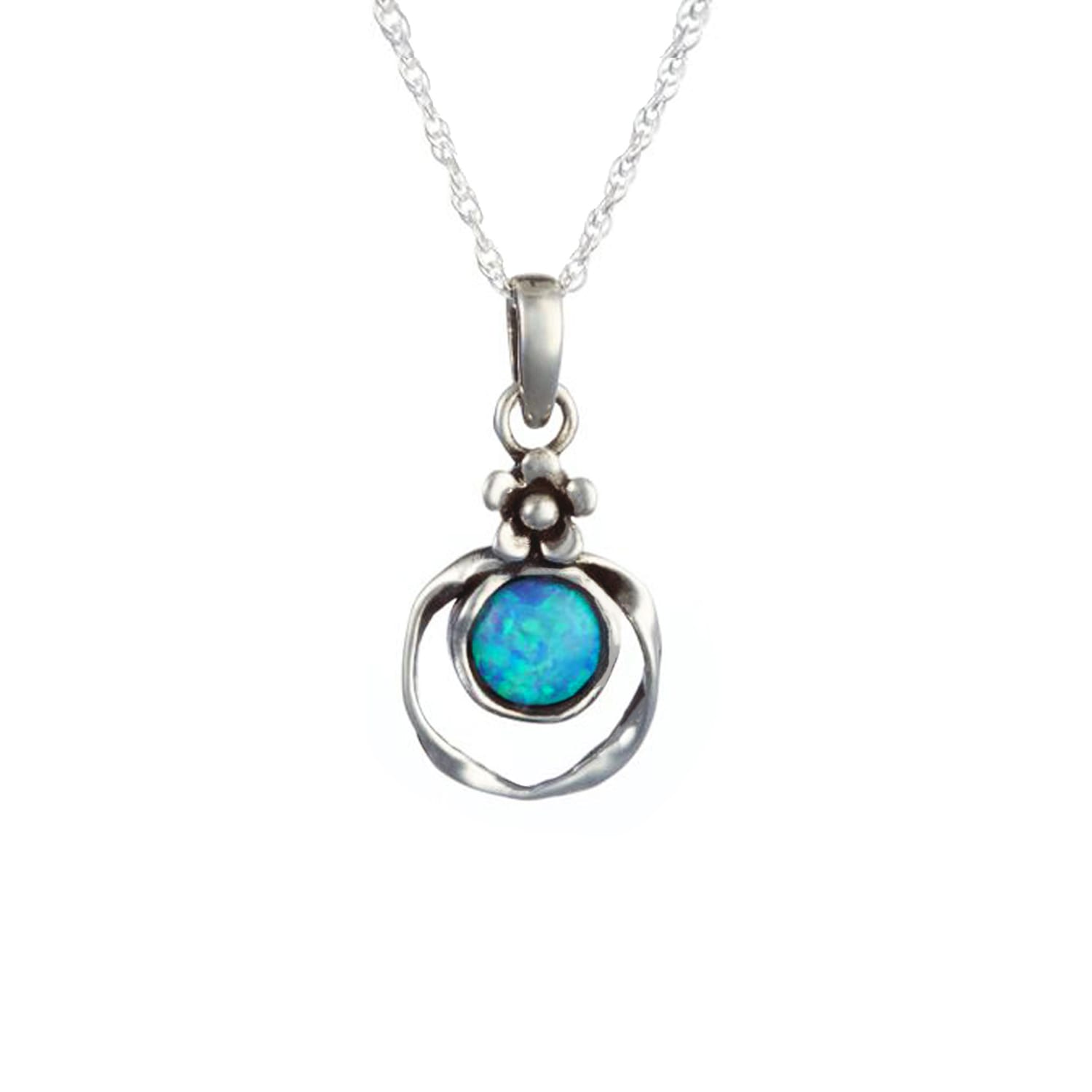 Sterling Silver Blue Fire Opal Pendant With Flower Detail