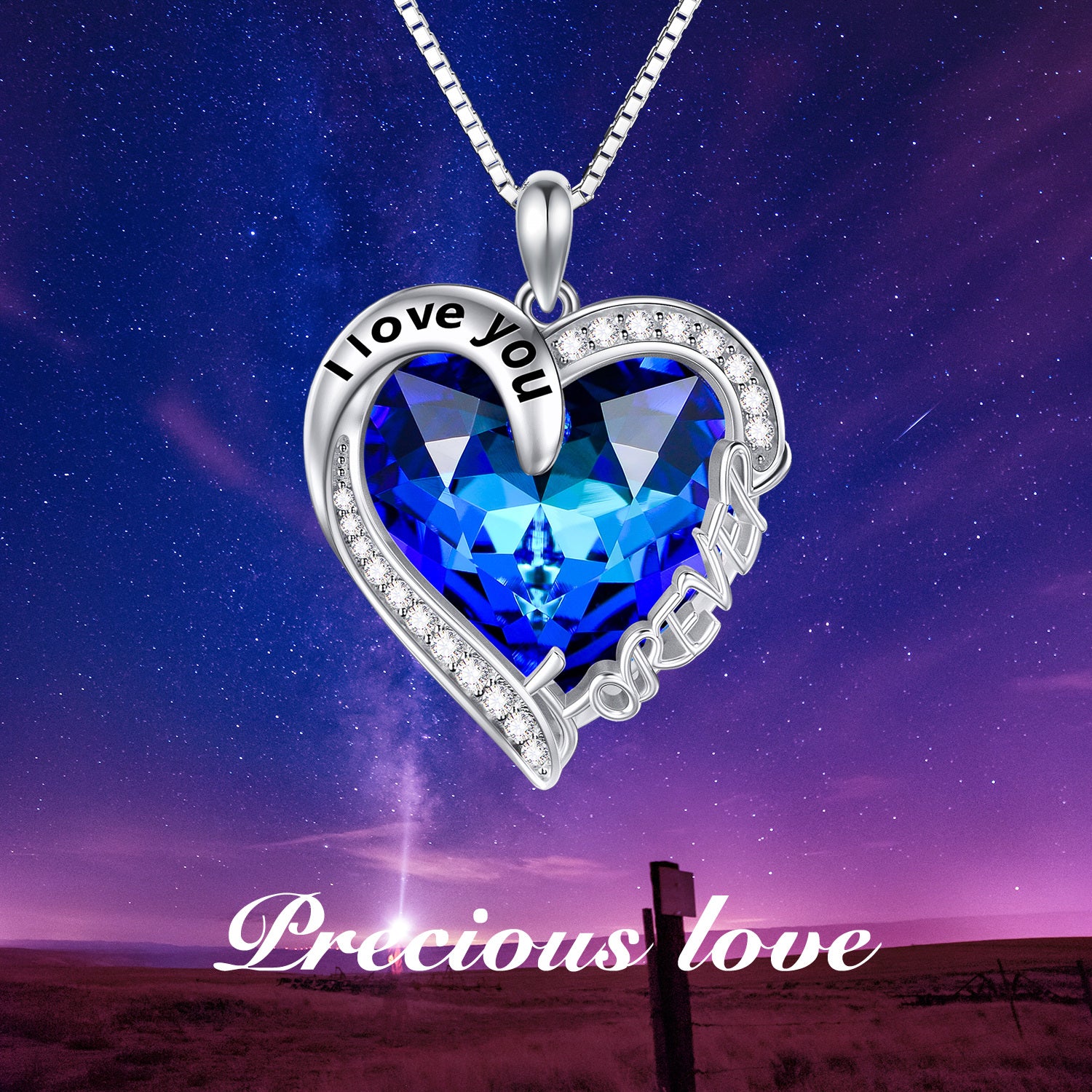 Sterling Silver Blue Heart Crystal Pendant Necklace Engraved I Love You Forever